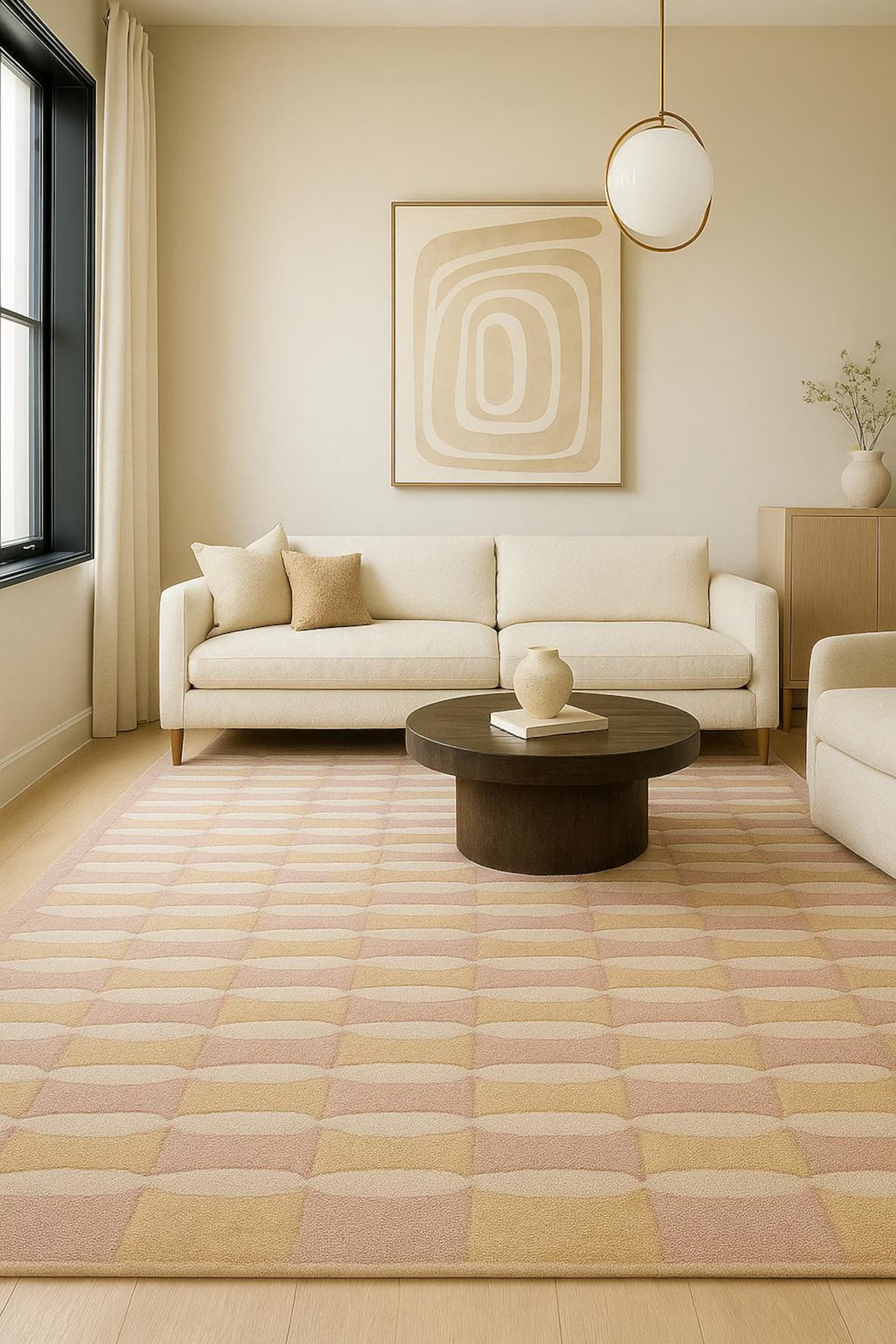 Amberline hand tufted rug styled in a neutral living room beneath a cream sofa and round coffee table, showcasing its golden-blush check pattern that adds modern warmth and balance to the minimalist décor.