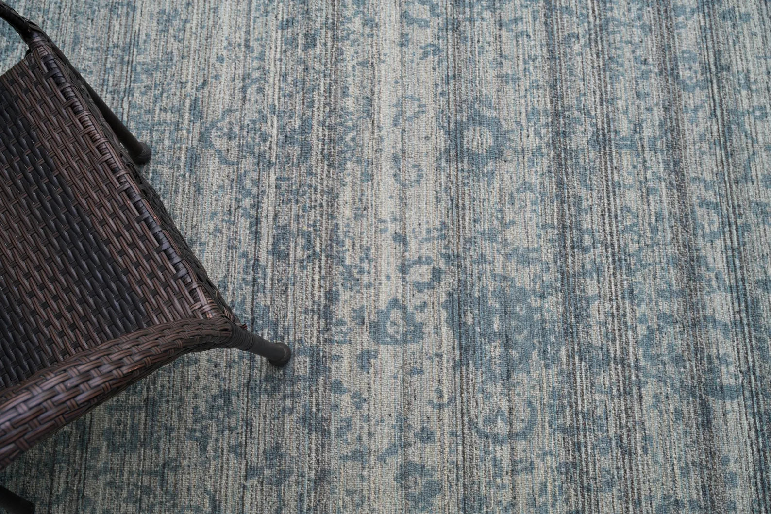 Azure Fade Rug top view showing distressed blue tone and intricate vintage pattern