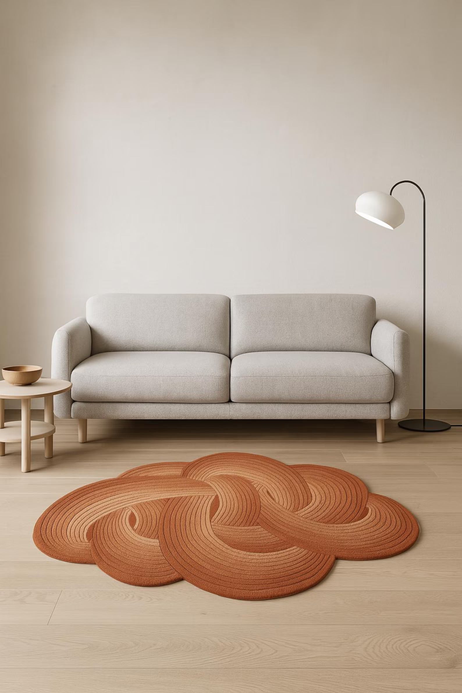 Minimal interior with cream sofa and Desert  Wool Rug.