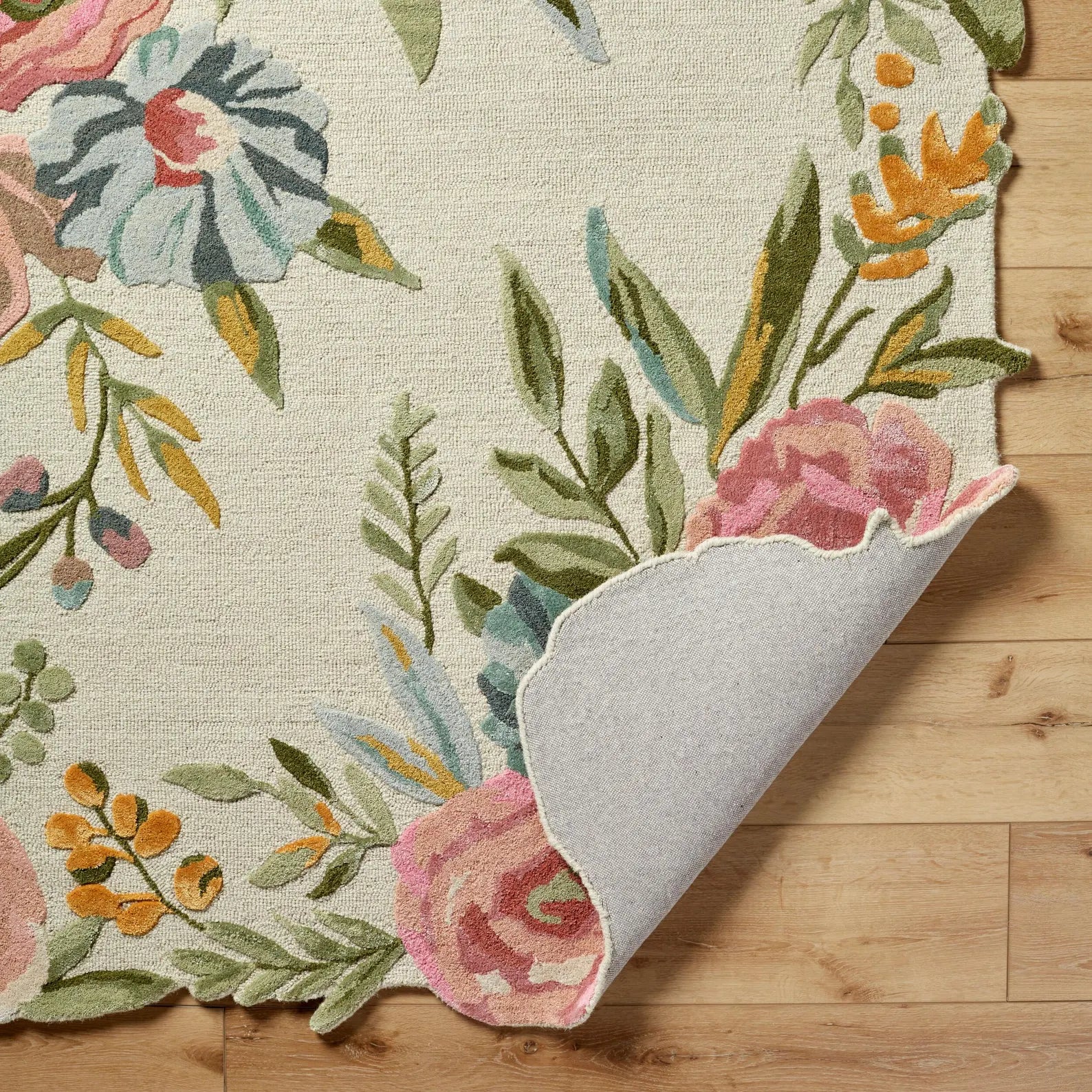 Side folded view Blooming floral rug
