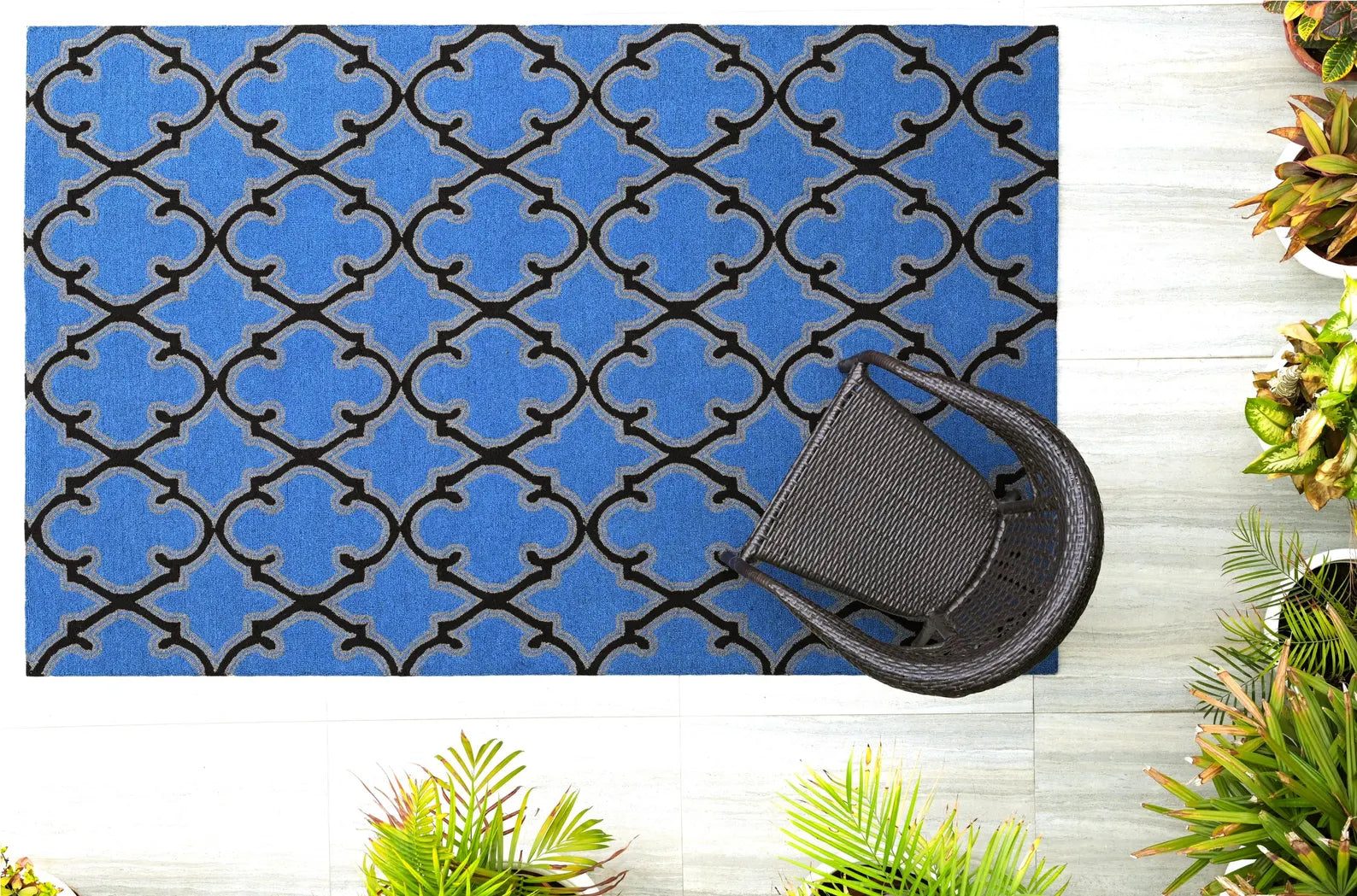 Top-view image of Bluenox hand tufted rug placed in a bright open area with natural plants and a woven chair, highlighting its rich blue color and black geometric pattern.