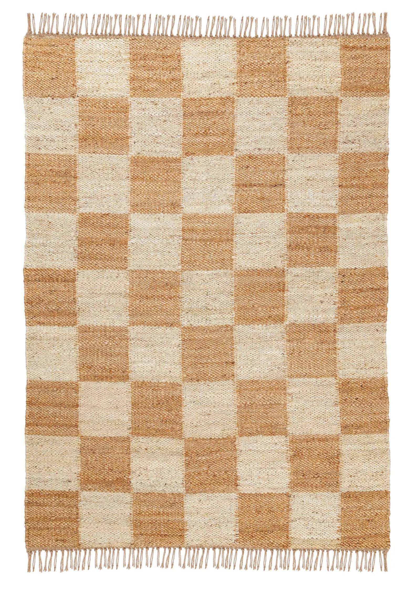 Top-angle view of Chesson Rug showing symmetrical checker pattern and smooth handwoven surface.