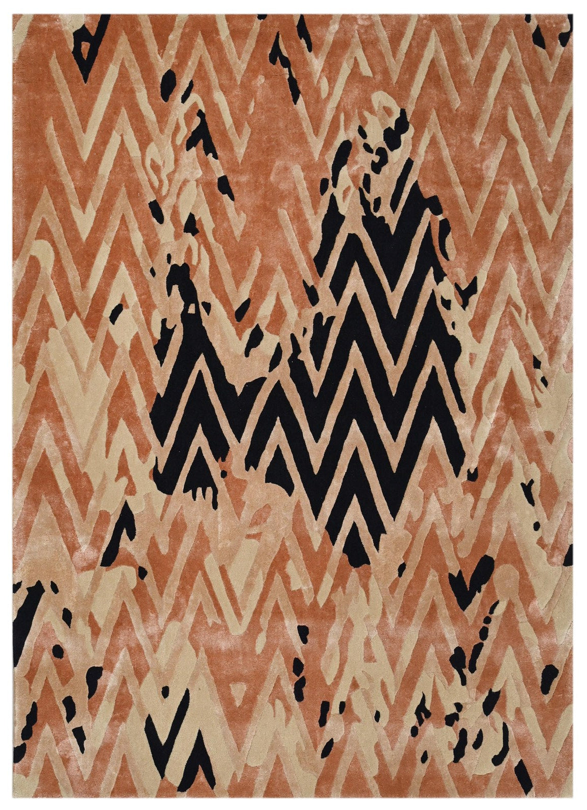 Full top-angle view of Chevron Distorted Rug capturing its abstract chevron motifs and earthy orange tones with geometric black detailing.