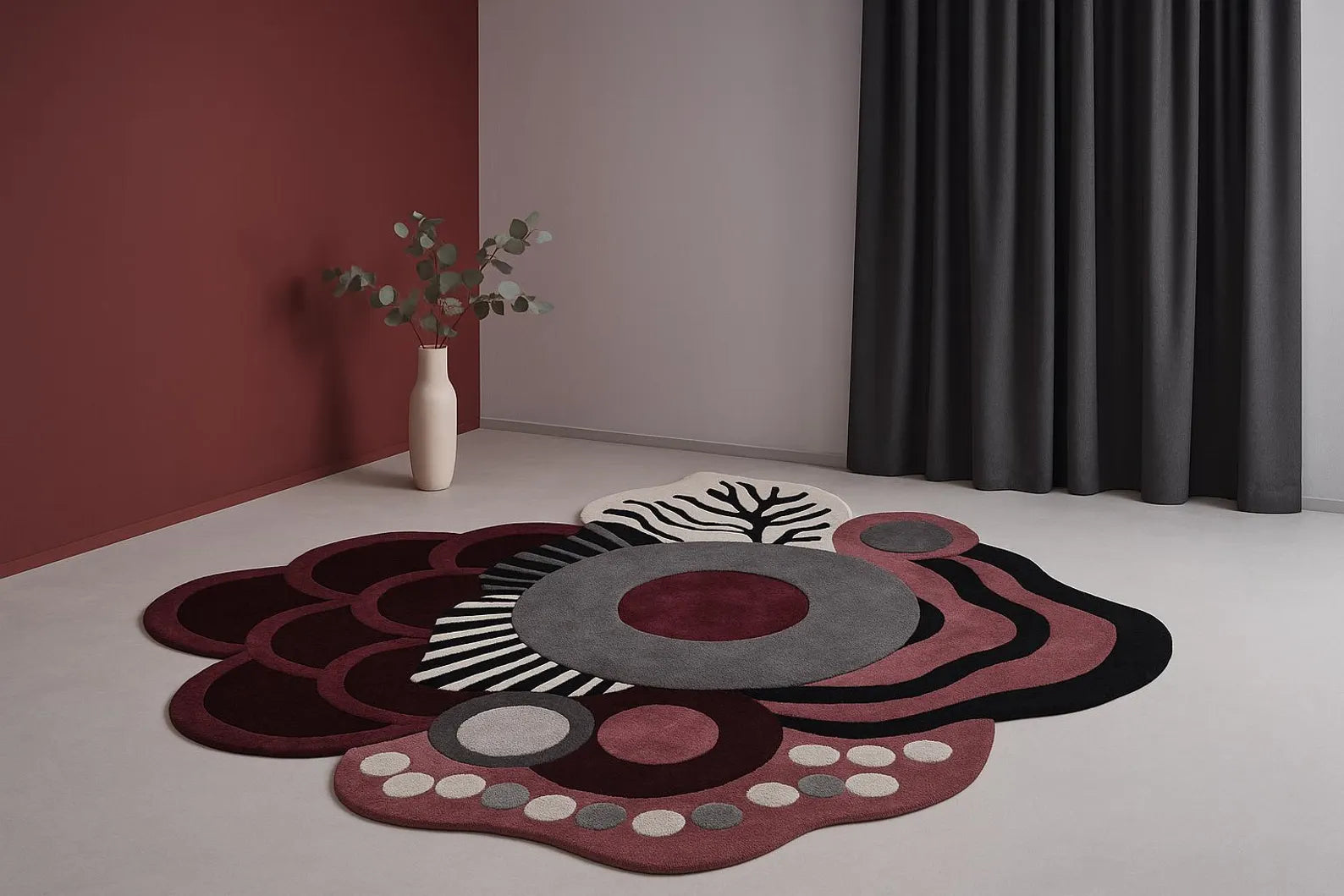 Chic Abstract Floral Rug styled in a modern living room with red walls and grey curtains