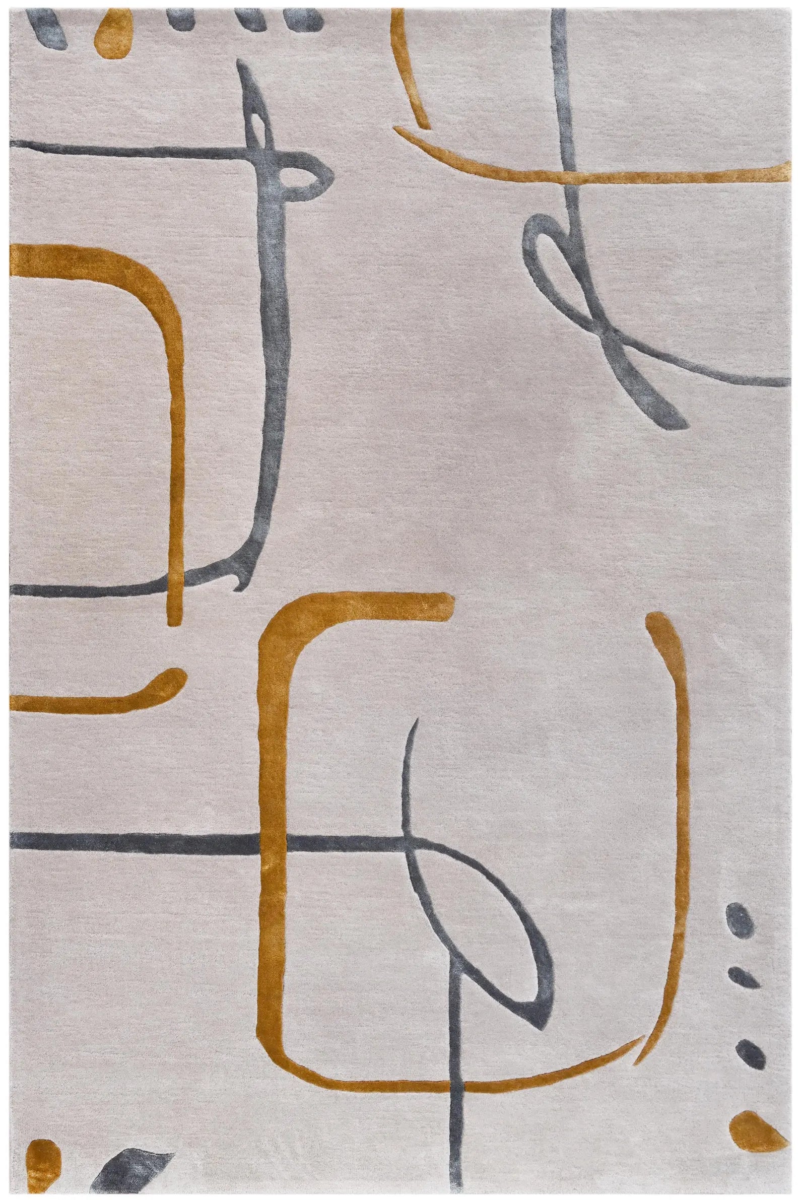 Contour Thread Rug full view showing abstract linear design in grey, mustard, and soft beige tones