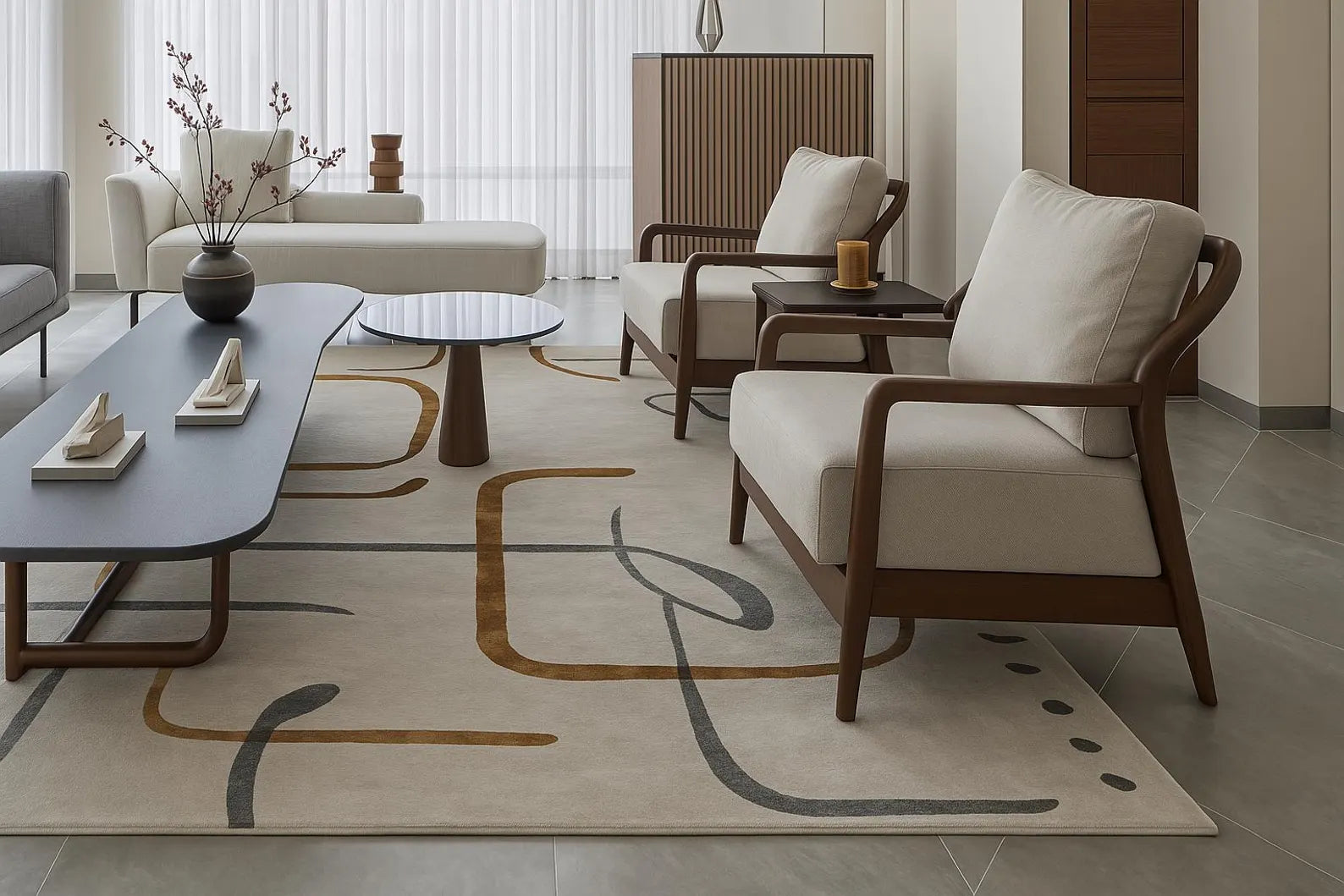 Contour Thread hand tufted rug styled in modern living room setting with elegant furniture and neutral decor palette