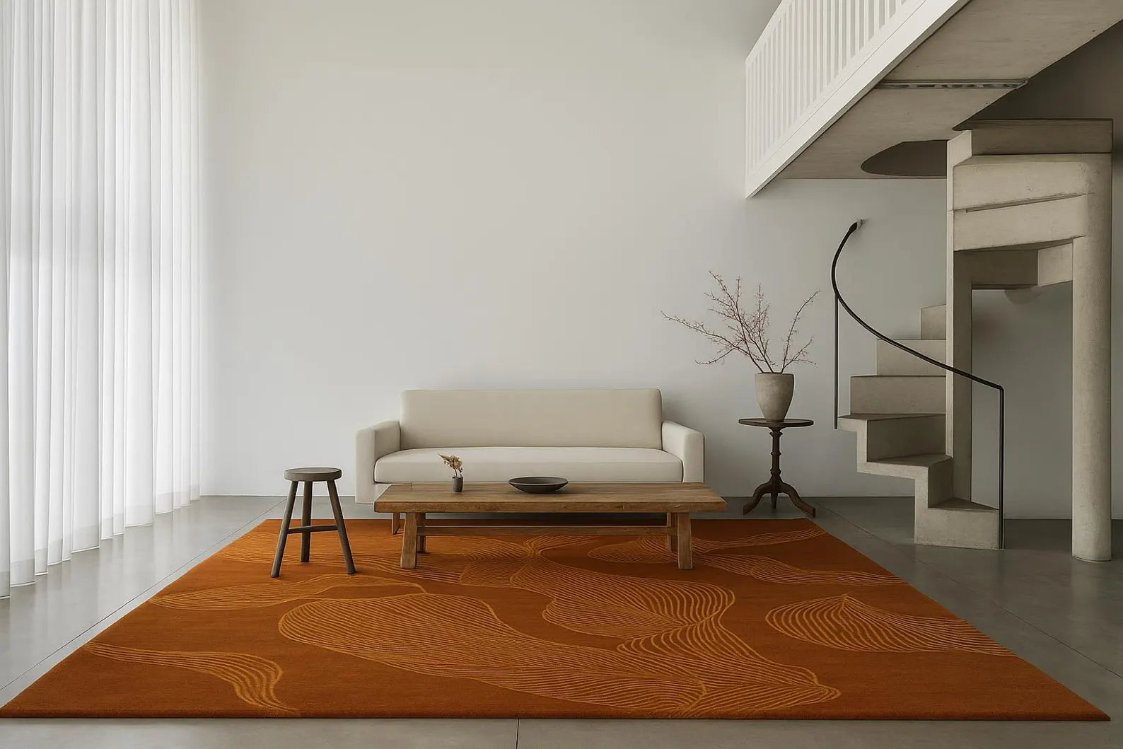 Desert Sands hand tufted  Rug styled in a modern living room with a minimal beige sofa