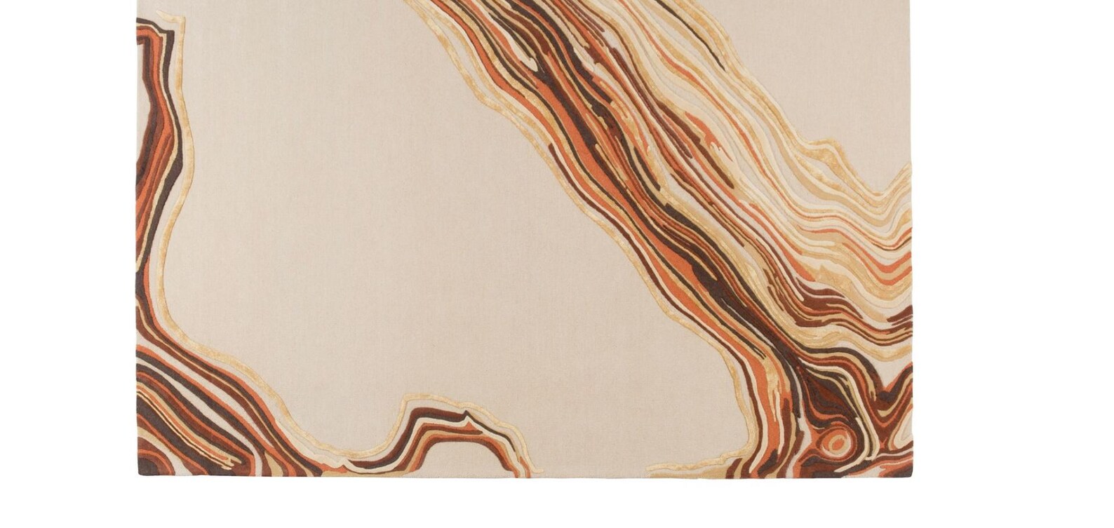 Designer Abstract Marble Rug in terracotta and beige with flowing swirl details.