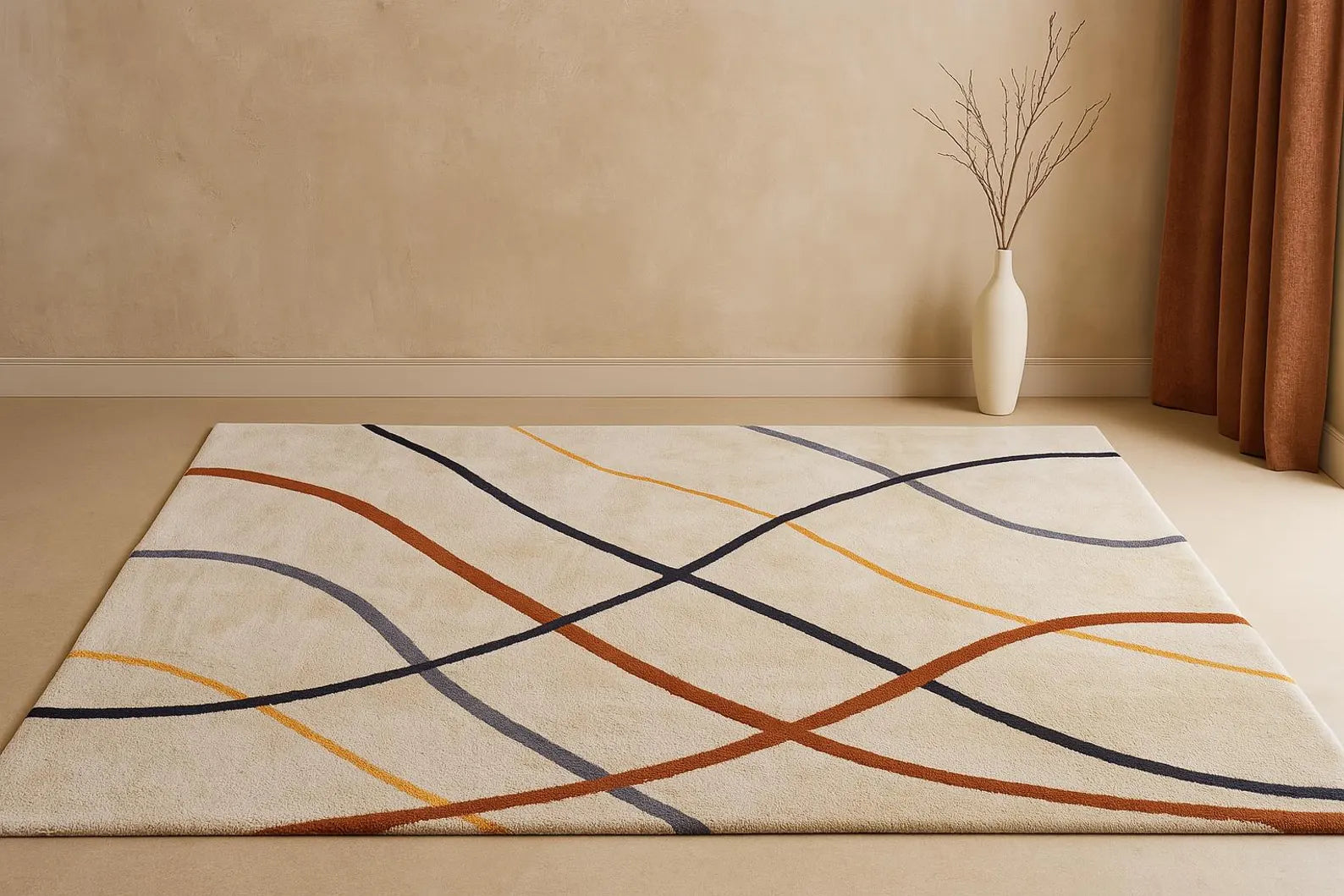 Dreamliner Art Rug styled in a neutral living room with abstract curves.

