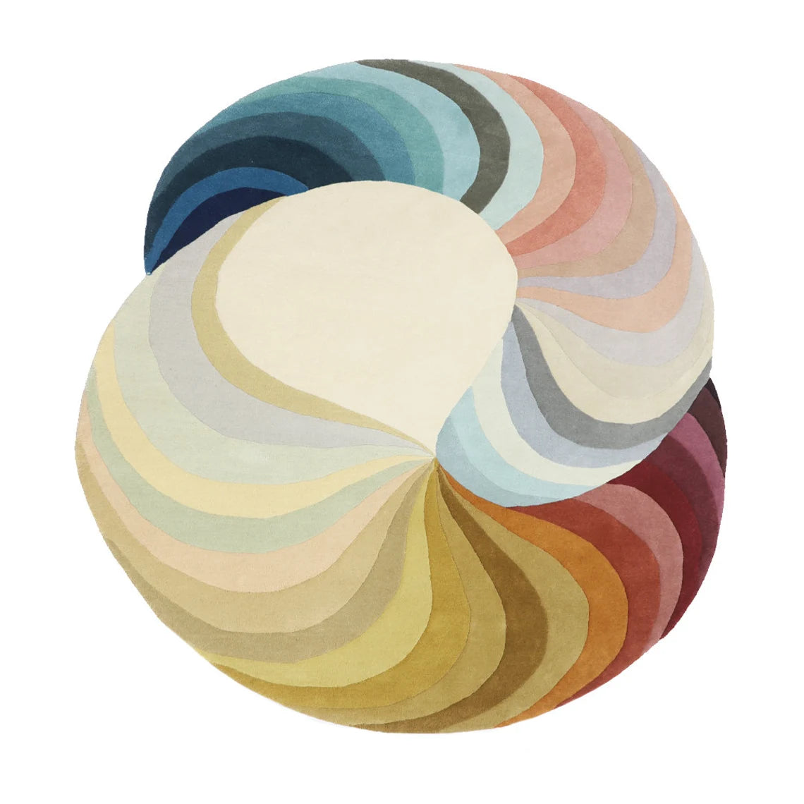 Artistic round rug with layered trellis patterns.