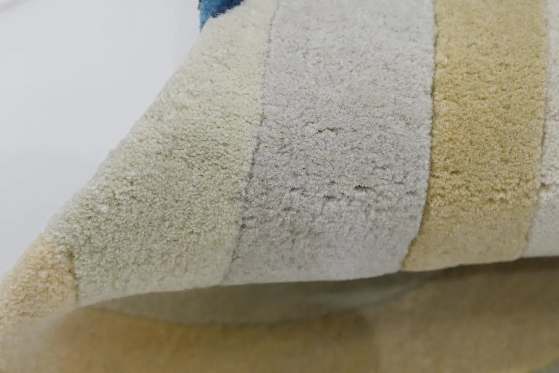 Multi-colored tufted rug showing rich textures and tones.