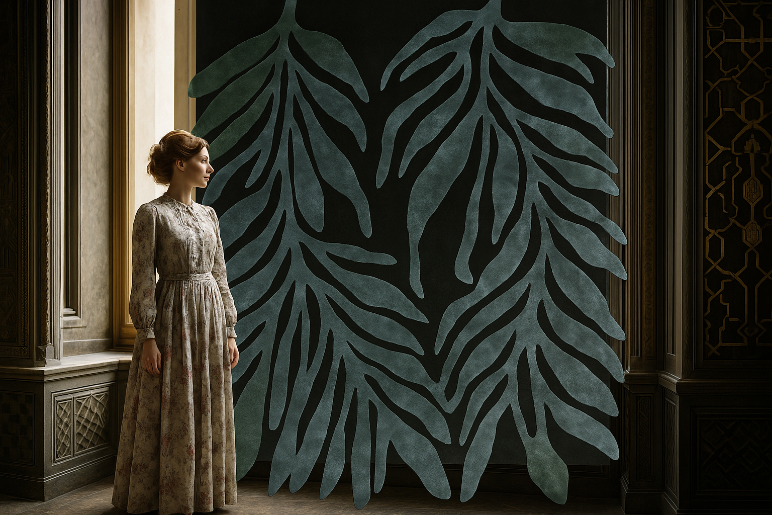 Rug styled in an elegant interior, showcasing organic leaf-inspired design.