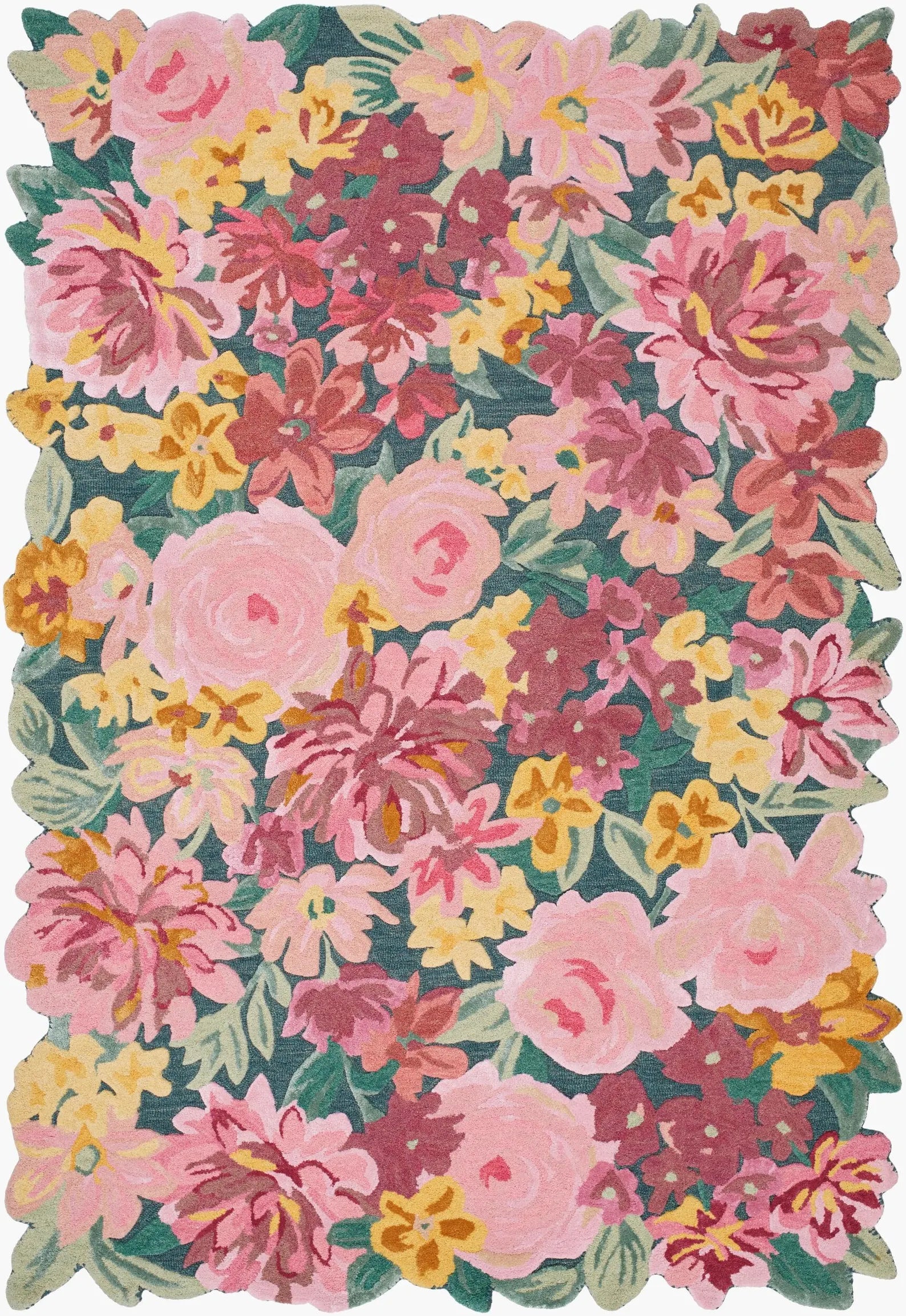 Floral Fantasy Wool Rug full top view showcasing detailed hand tufted floral pattern with layered pink, yellow, and green blooms across an organically scalloped edge