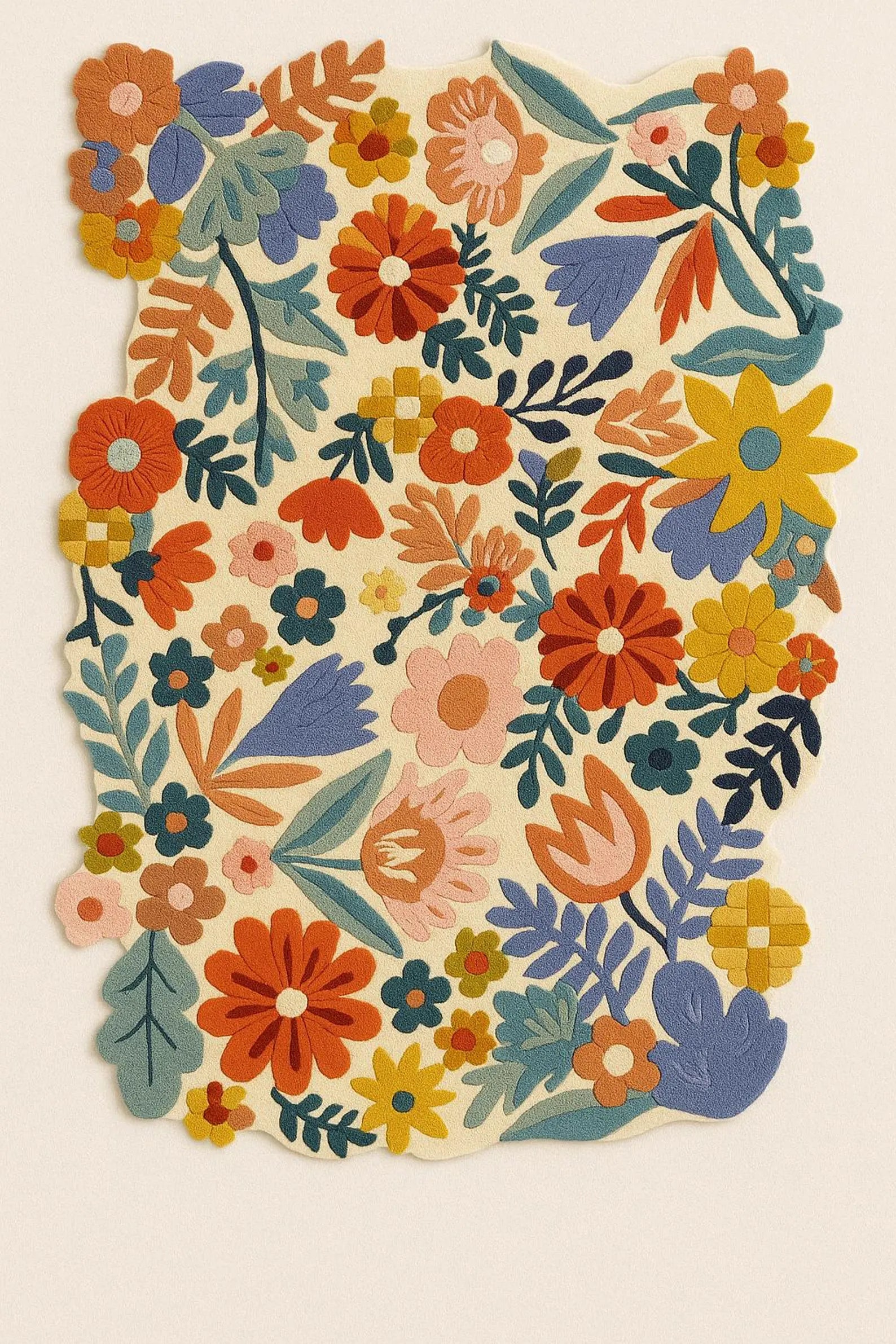 Full top view of Floryn Rug displaying vibrant hand-tufted multicolor floral artwork.