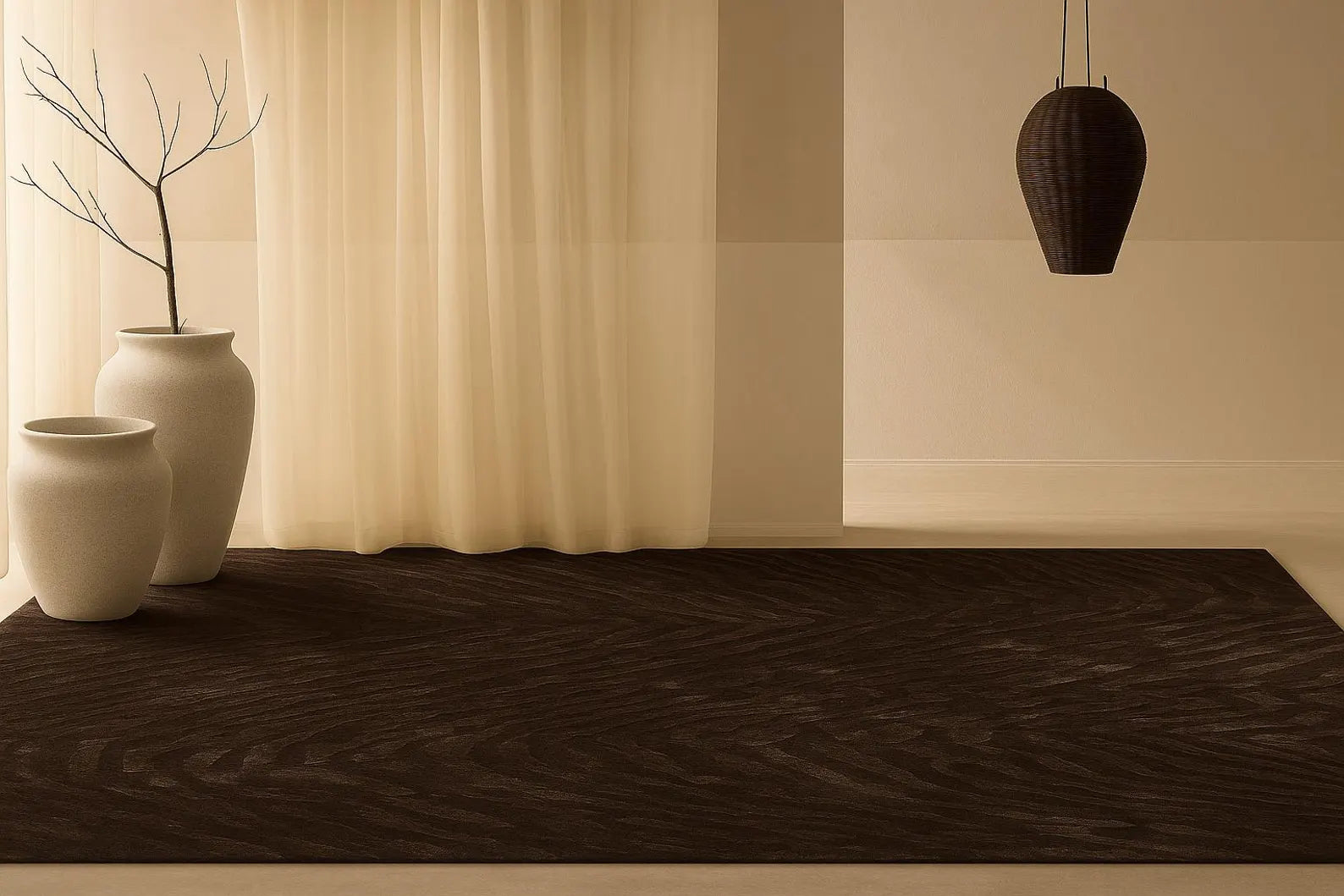 Rug styled in a minimal living space with soft curtains and vase decor.