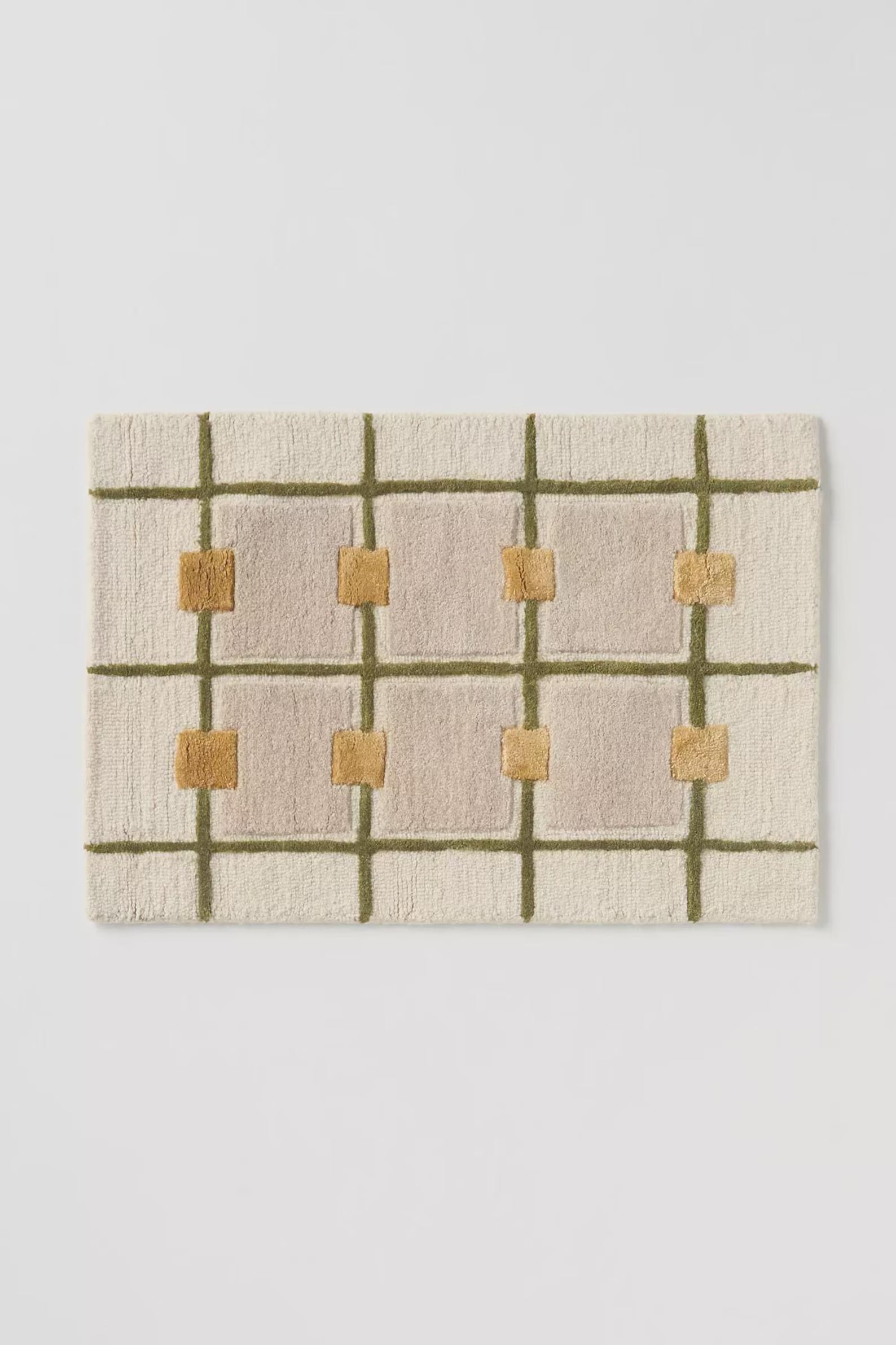 Full view of geometric grid wool rug in modern design, premium home décor – Decordec