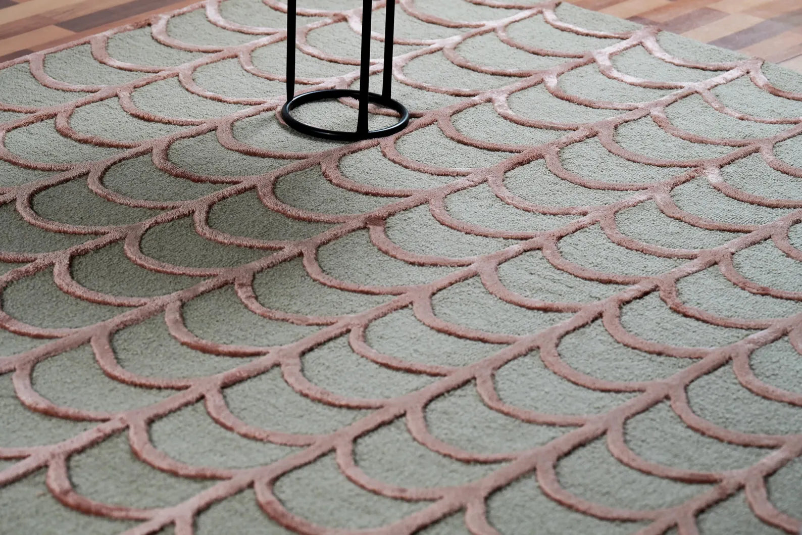 Geometric Scallop Rug styled in a modern living room with soft curves and textured details.