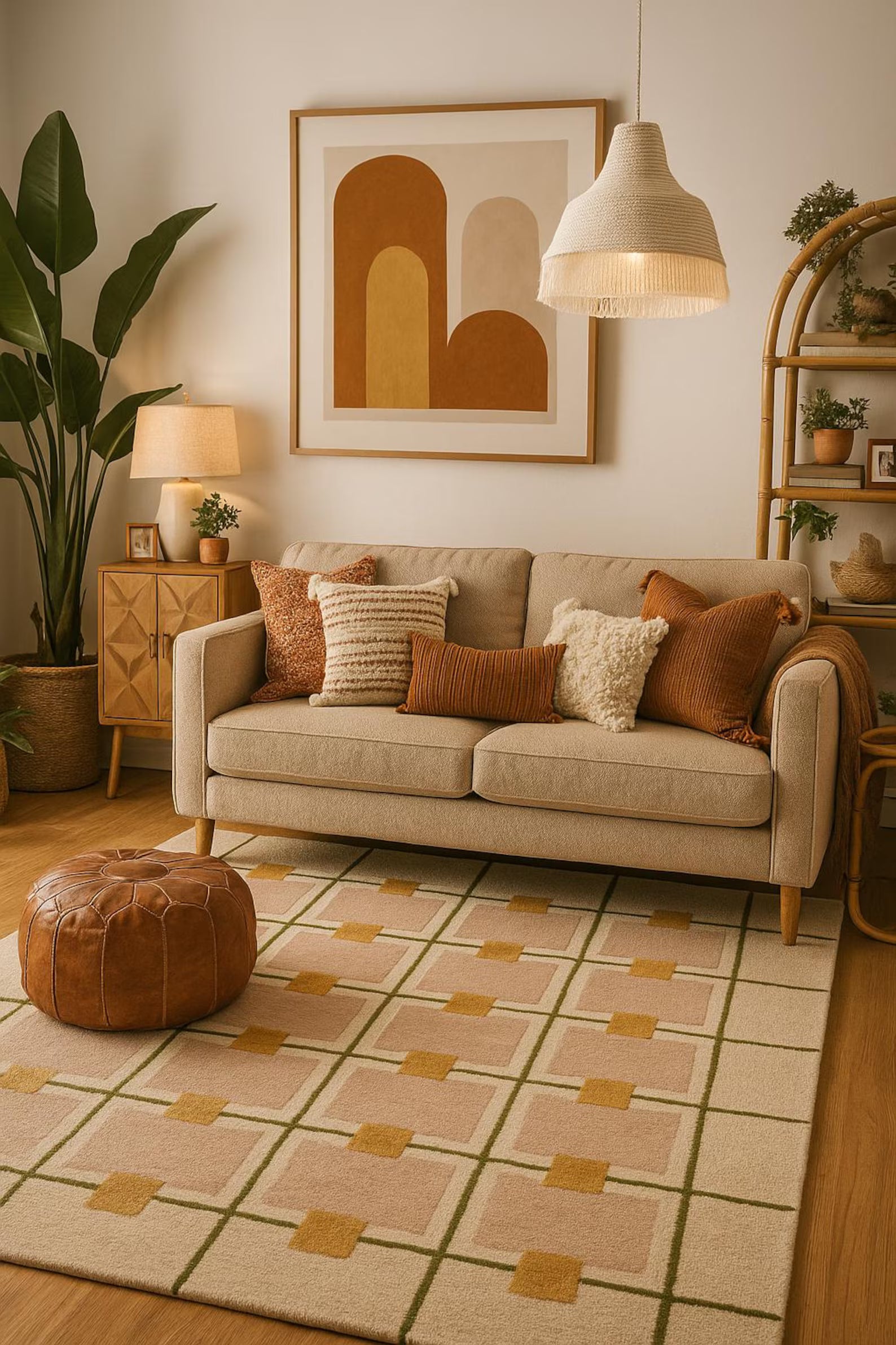 Geometric grid wool rug handmade in India – luxury living room décor by Decordec