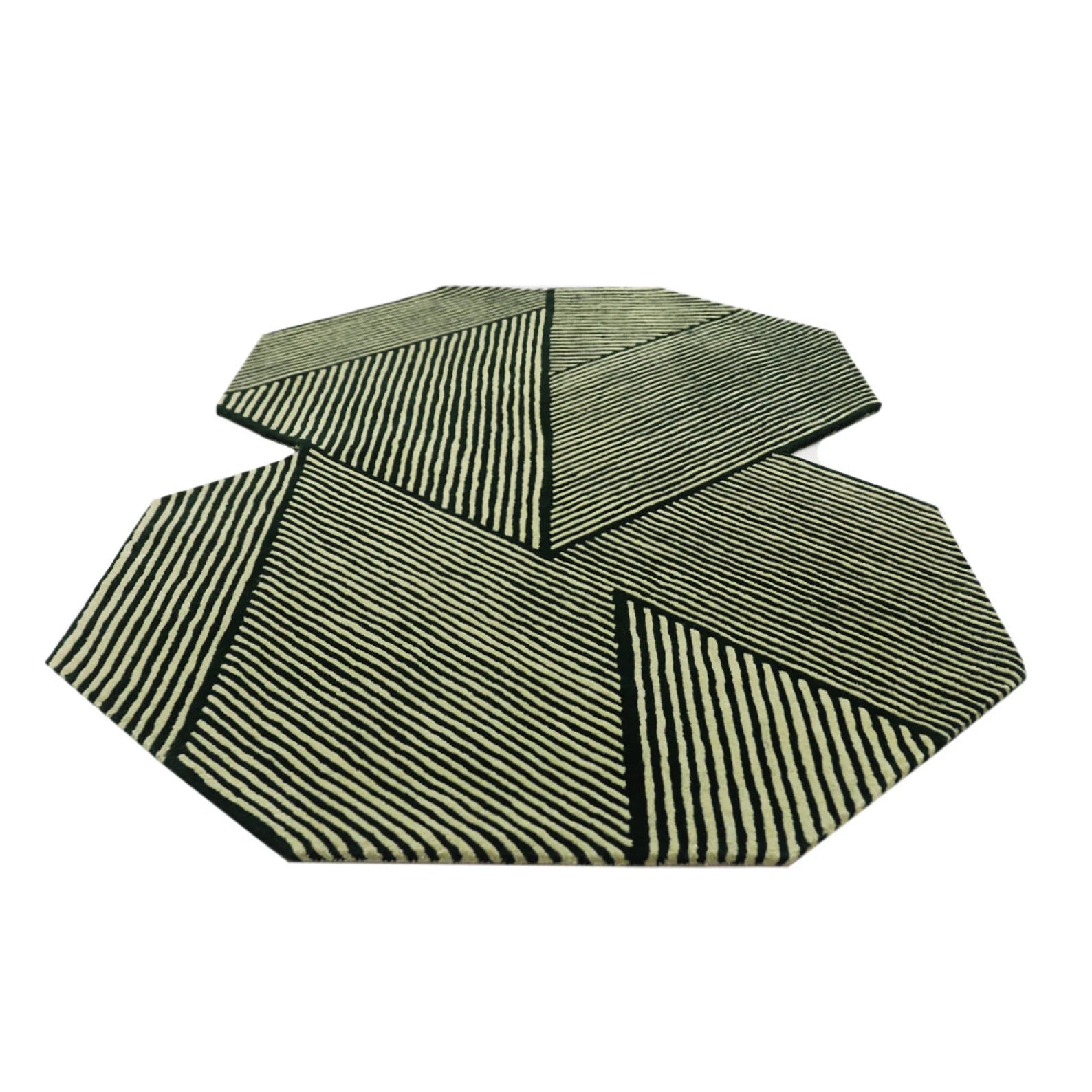 Green Terrain Rug displayed on a white background showing its unique geometric hexagonal modules with deep green and cream striped design.