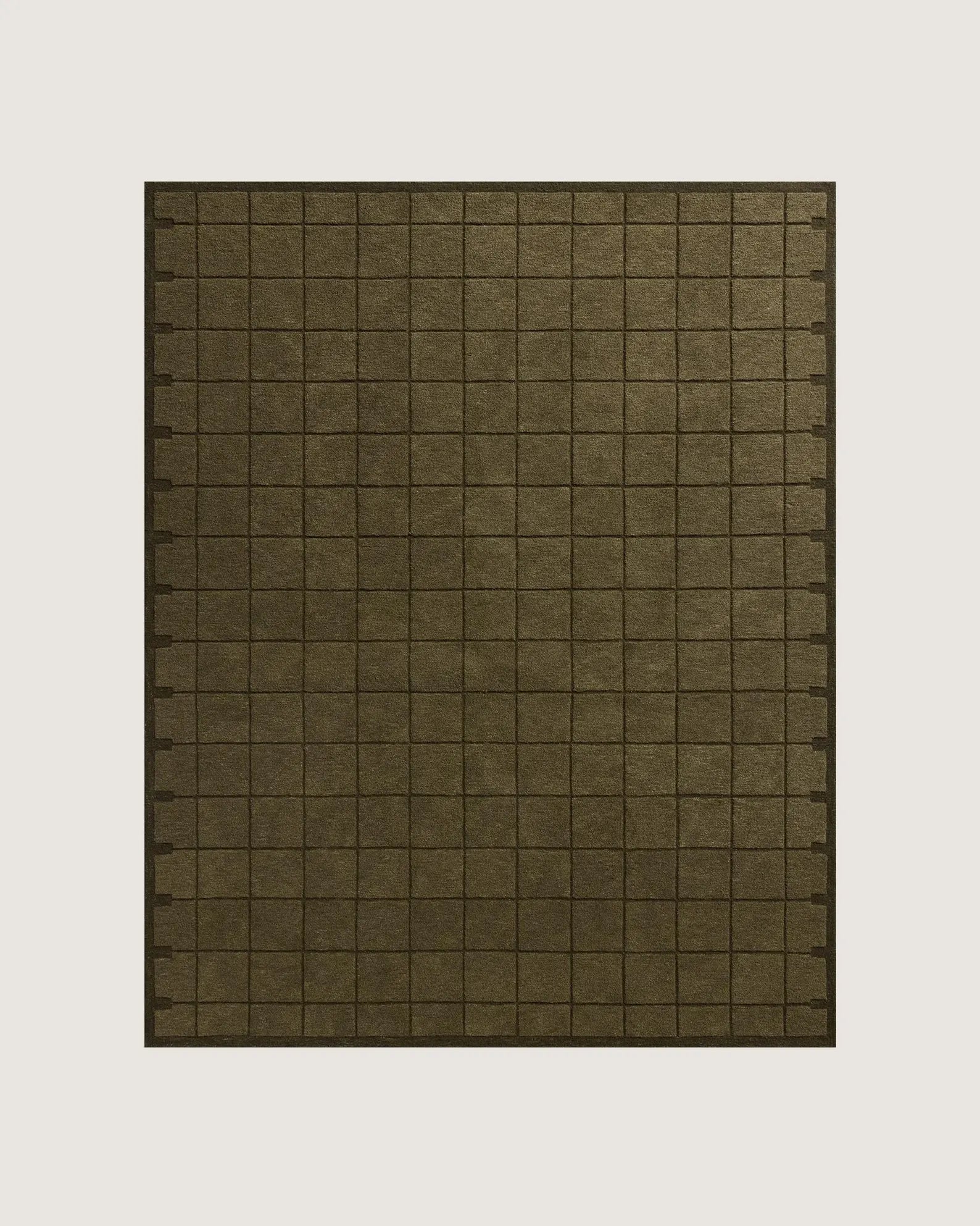 Hand tufted Gridform rug in an olive grid pattern shown in a clean top-view on a neutral background.