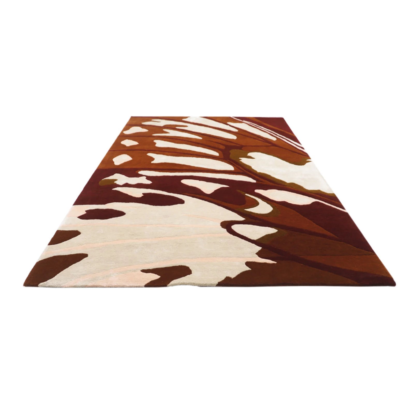 Hazel Rug displayed on a clean white background showing its full organic abstract brown and cream pattern with precise tufting details.