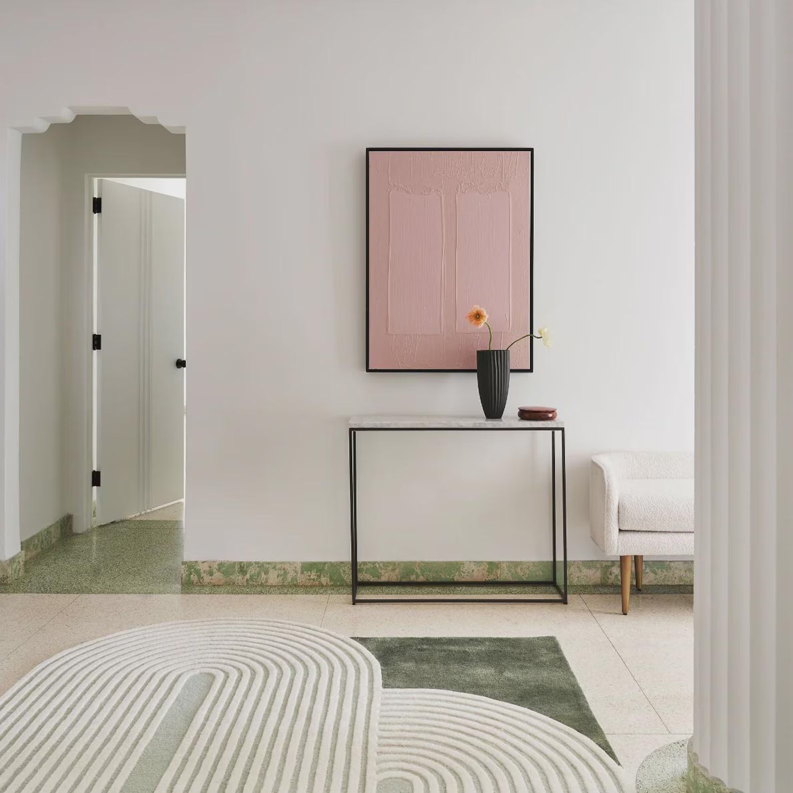 Kinetic Ovals rug styled in living room interior with modern furniture – Decordec