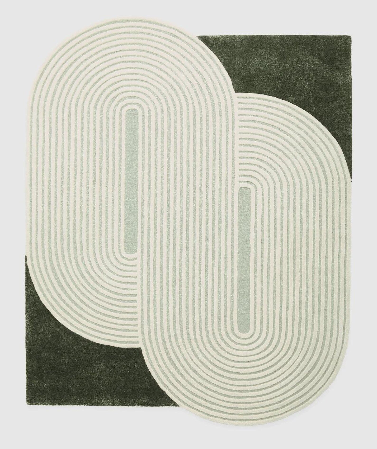 Kinetic Ovals wool rug with sculpted oval pattern in green and white – handmade by Decordec