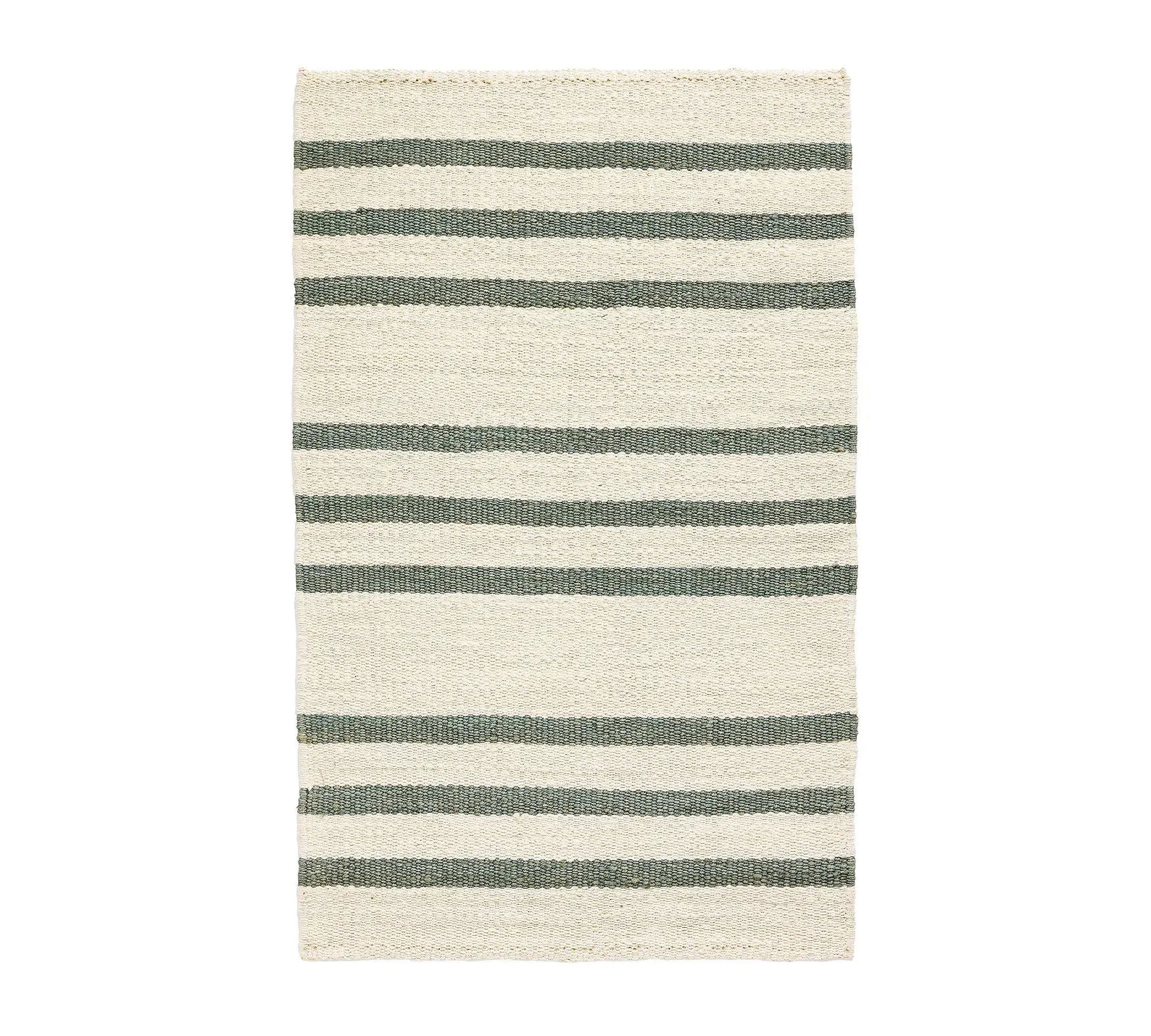 Loomtrail Rug full top view showing handwoven horizontal stripes in soft beige and dark accents on an ivory base.