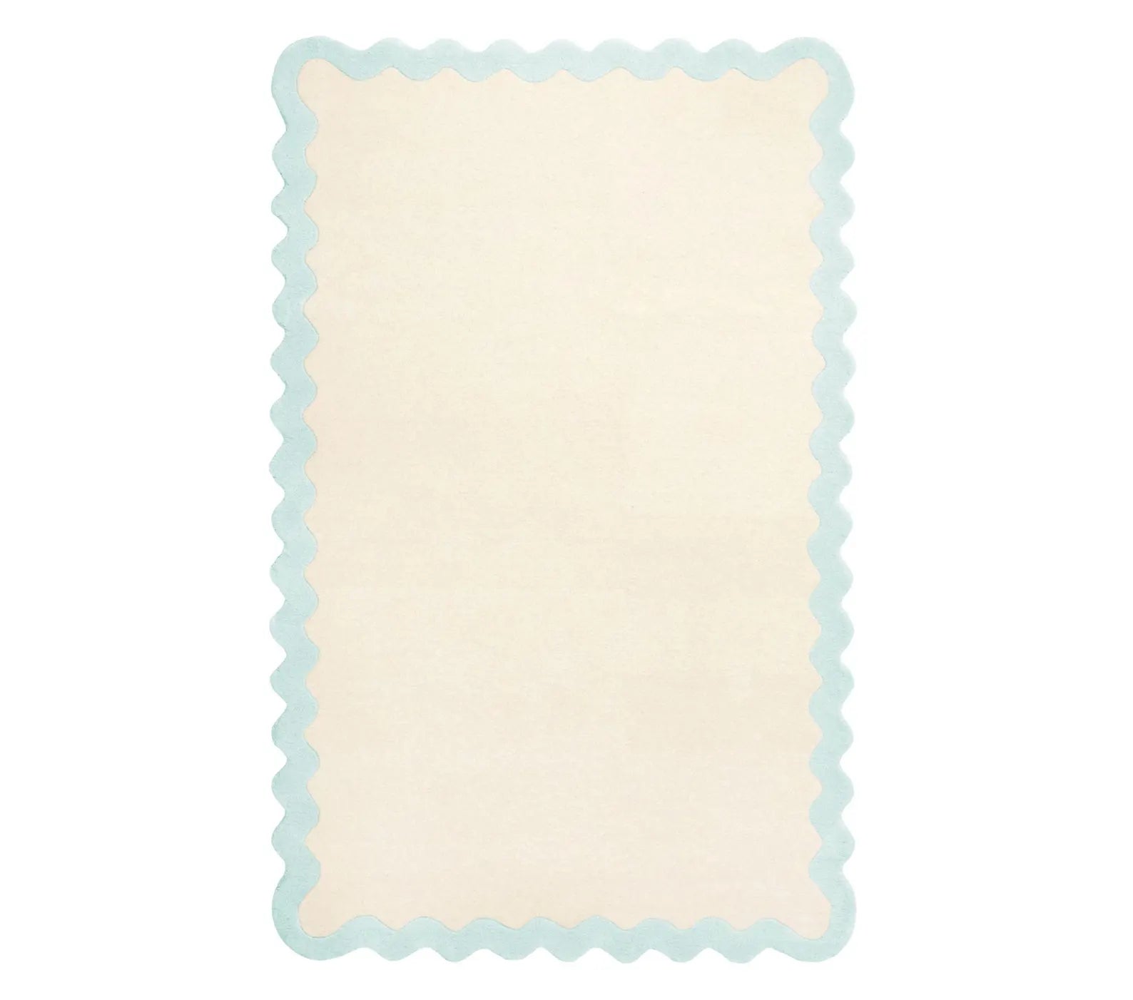 Lullaby hand tufted Rug full view showing soft ivory surface with gentle blue scalloped border, crafted in a hand tufted finish for serene nursery and kids room styling