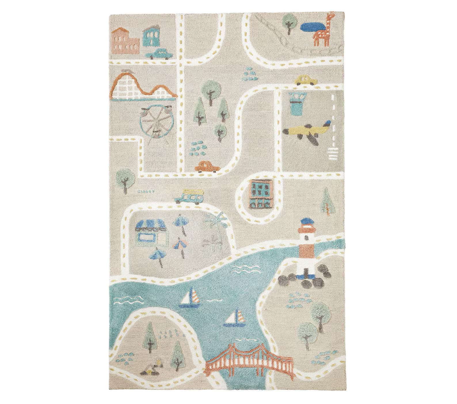 MiniCity Rug displayed flat showing complete city map pattern with roads, trees, and landmarks designed for kids’ play.