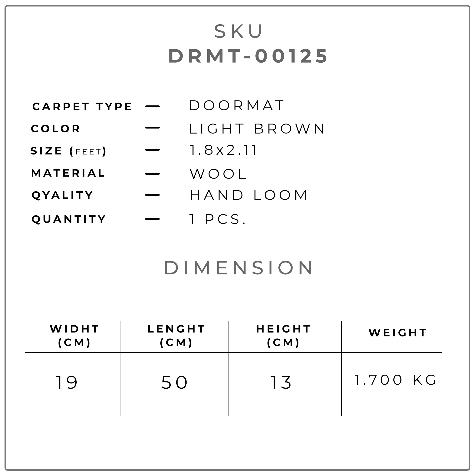 Specification sheet for the Mocha Stripe Textured Wool Doormat showing SKU, size, color, material, handloom construction, and dimensions.