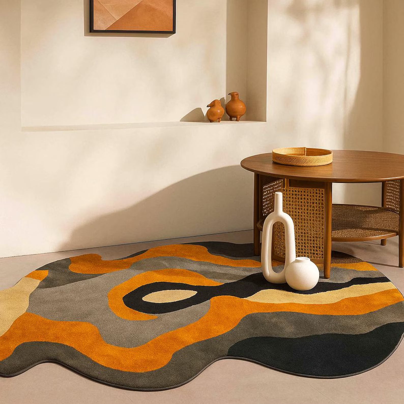 Molten Flow hand tufted rug  styled in a modern interior with bold abstract patterns in yellow, black, grey