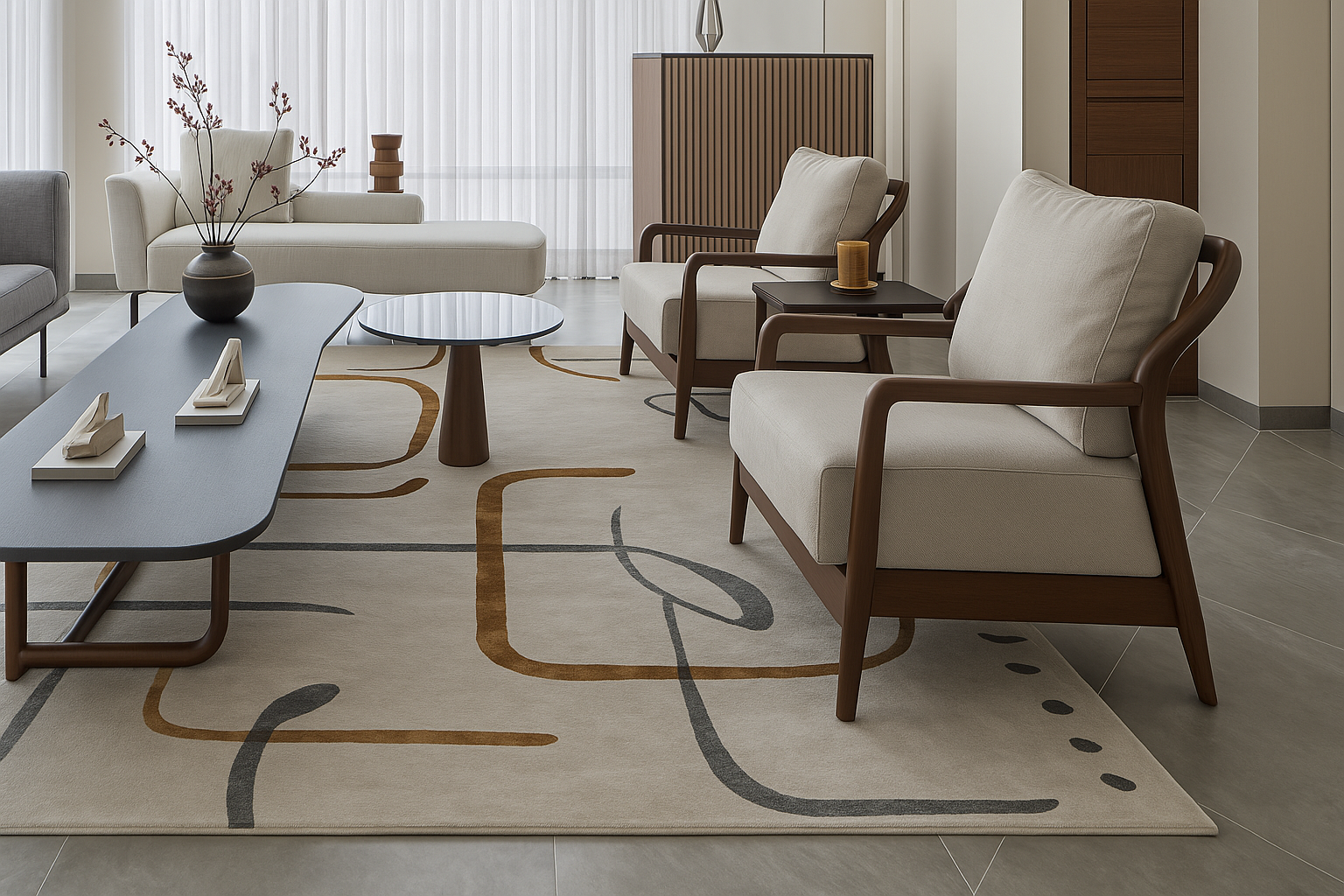 Muted Motion Rug styled in a modern living room with soft neutral decor.