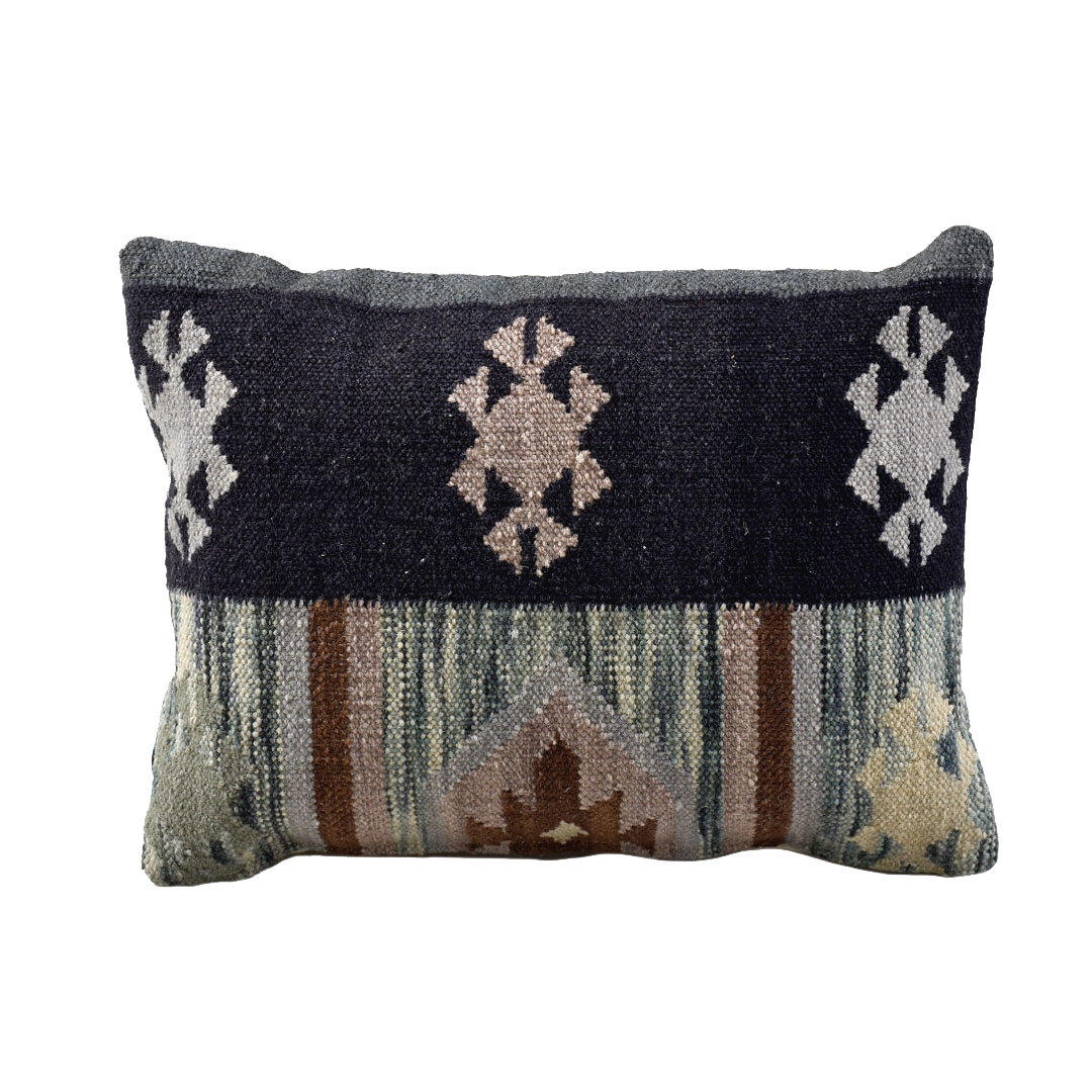 : Front view of the Nordic Tribal flatweave wool pillow with tribal motifs on a transparent background.