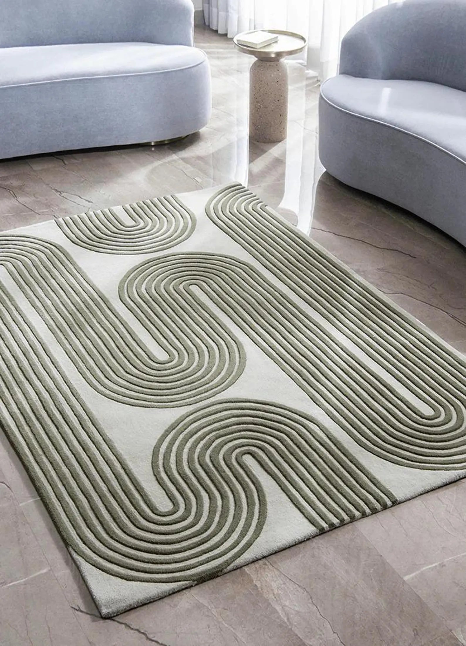 Olive Maze Rug styled in a modern living room setup with neutral furniture and soft daylight ambiance.