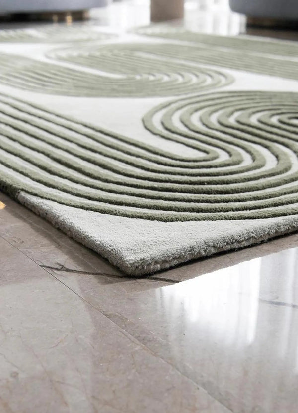 Olive Maze Rug captured from side angle highlighting pile height, clean edges, and organic geometric pattern.