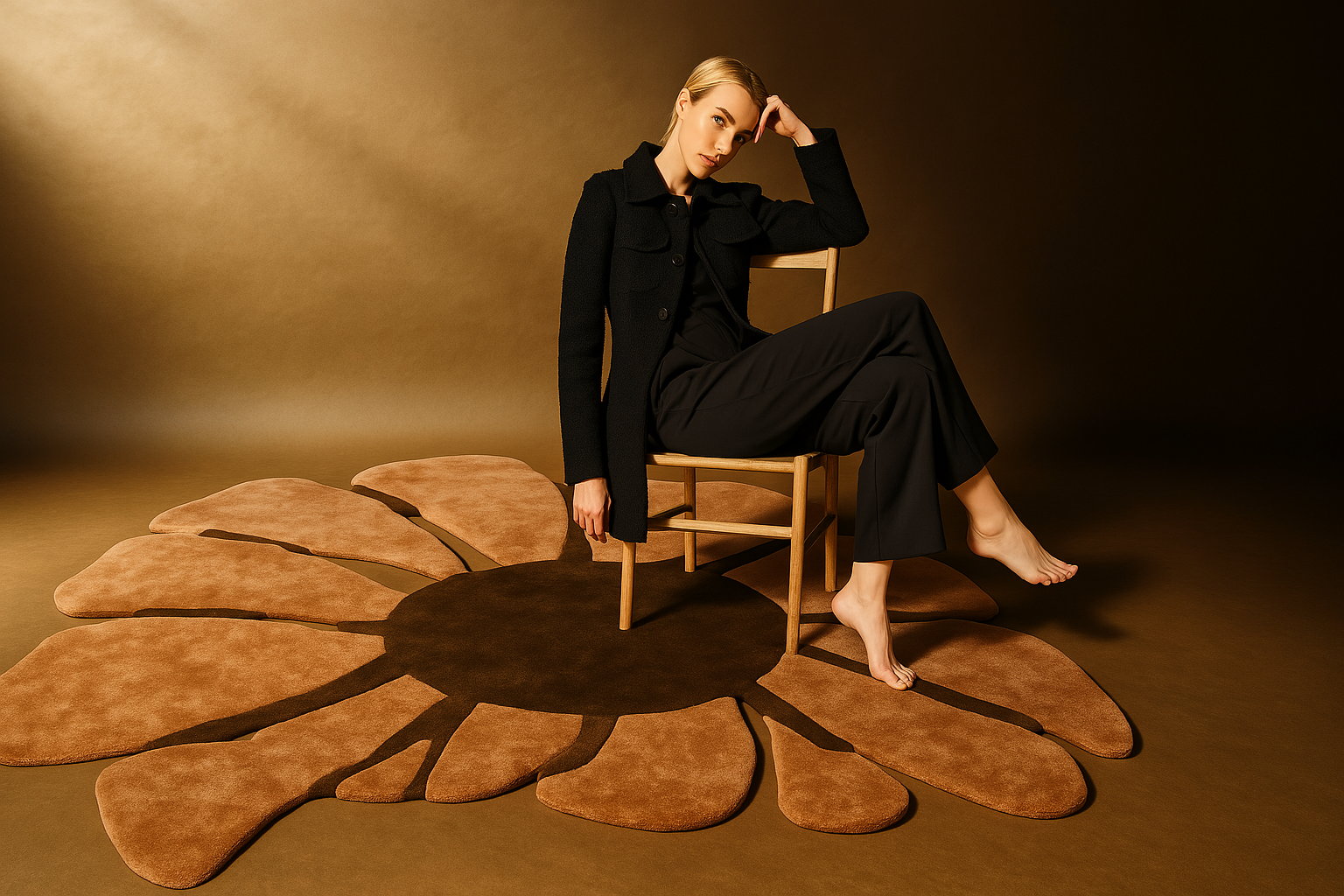 Rug placed under warm lighting, styled in a cozy modern space.