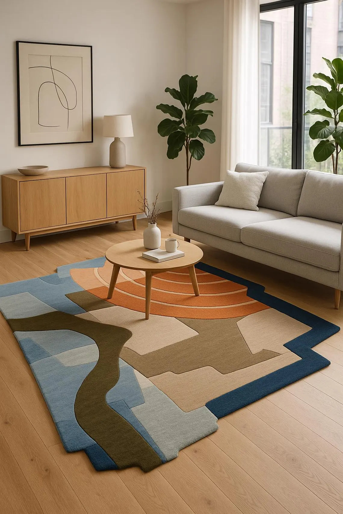 Petra Rug placed in a modern living room with neutral décor.