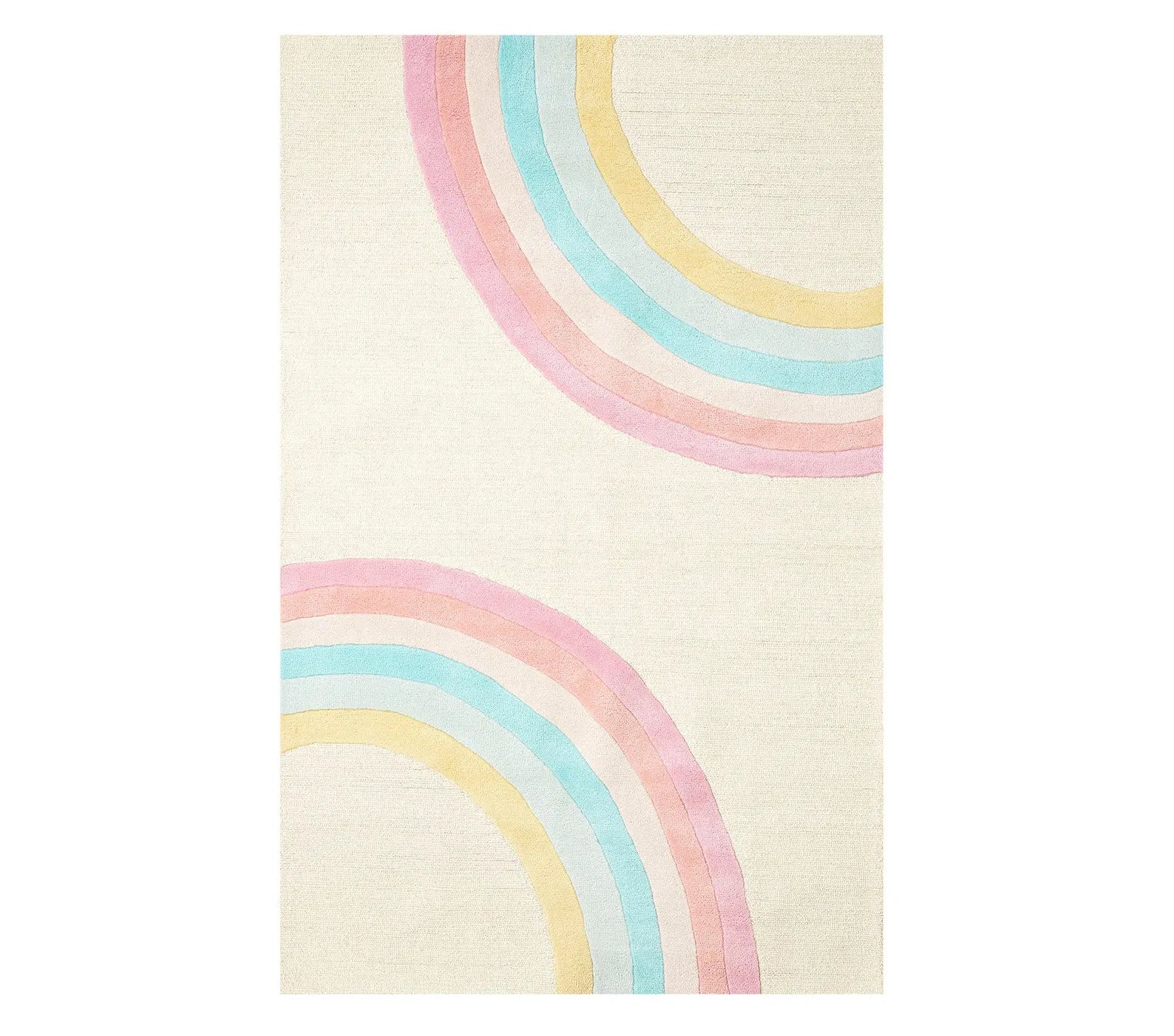 Rainbow Boho hand tufted rug pattern view showing curved rainbow stripes in gentle pastel tones