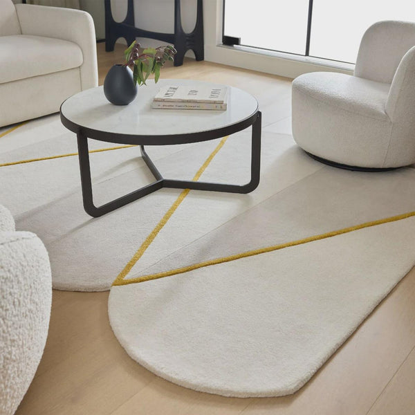 Rayform Rug styled in a modern living room featuring neutral furniture and soft daylight tones for a minimal luxury look