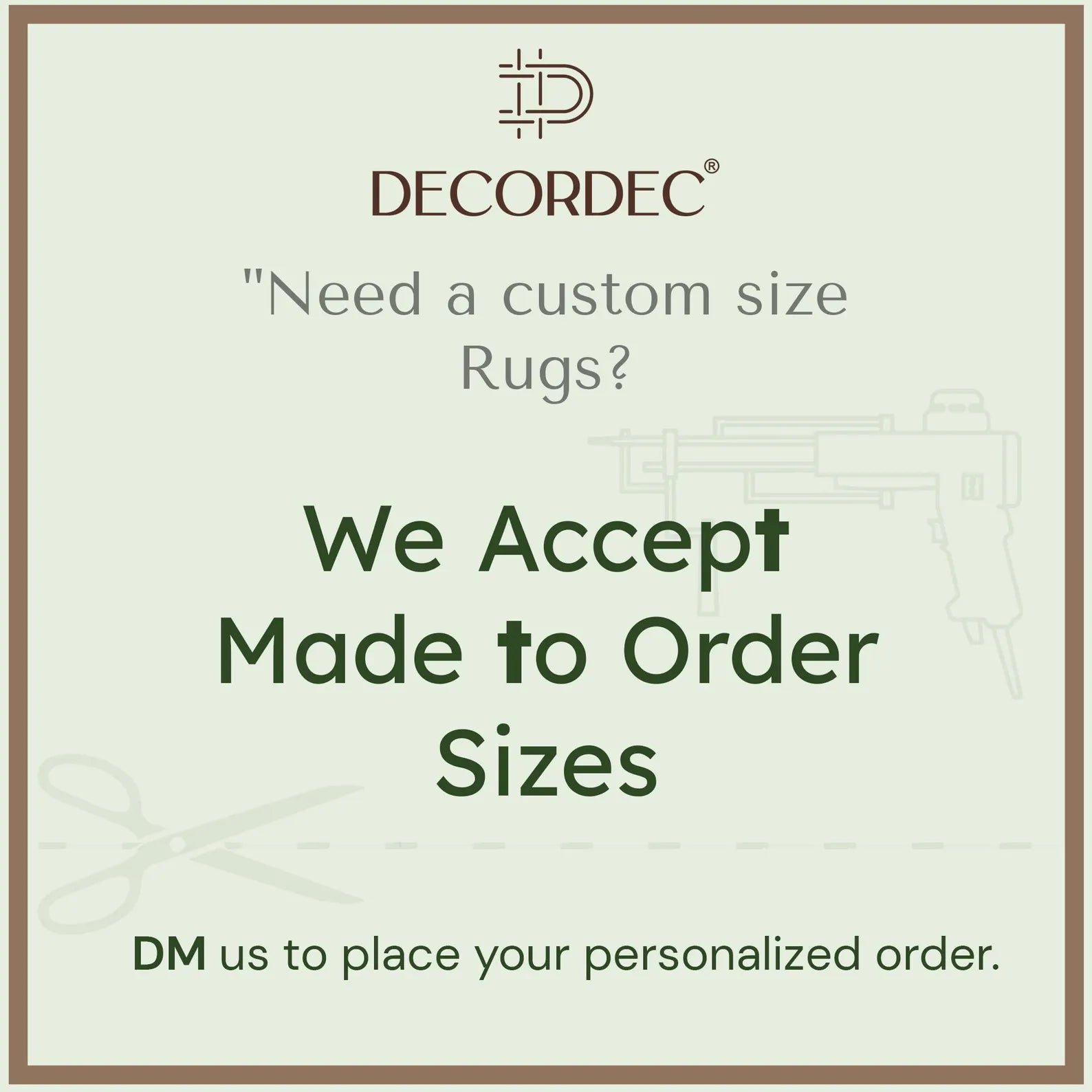 Rug made to order size card displaying customization message