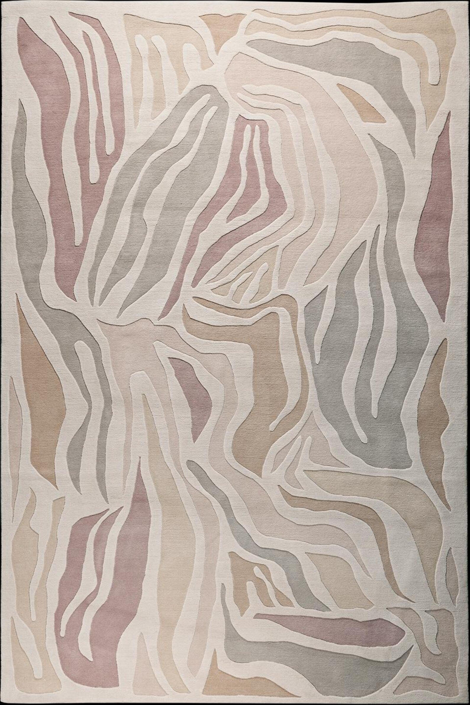 Sandstone Swirl wool rug with abstract wavy pattern in beige, brown, and soft gray – handmade by Decordec