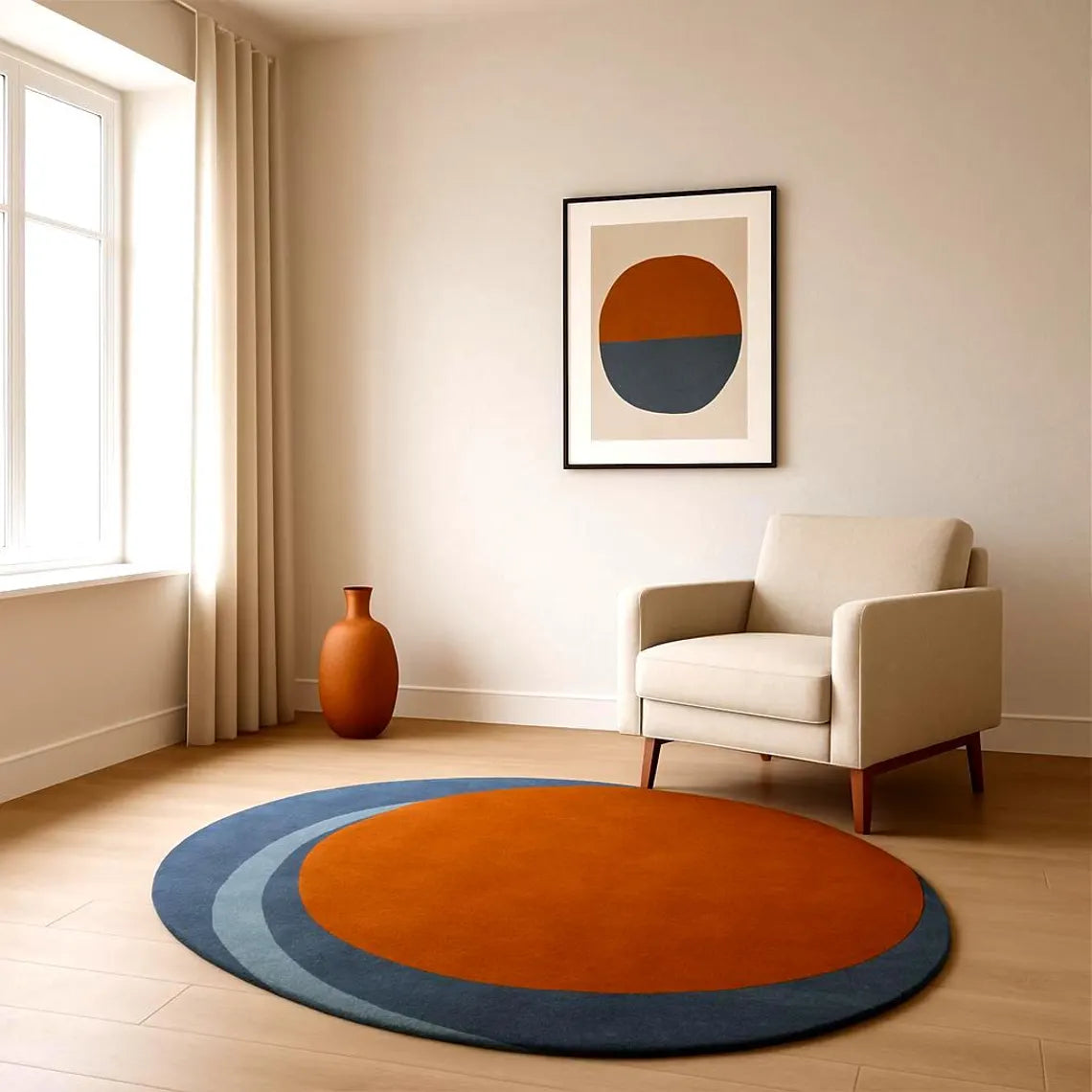Solar Eclipse Rug styled in a modern living room with orange and blue contrast.