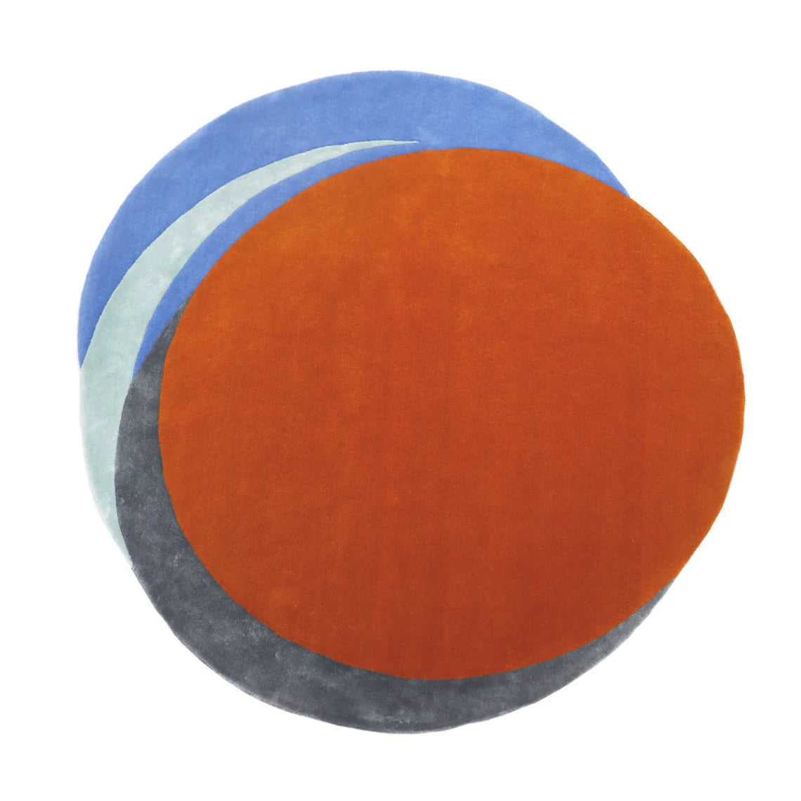 Round rug design with bold orange center and blue outer ring.