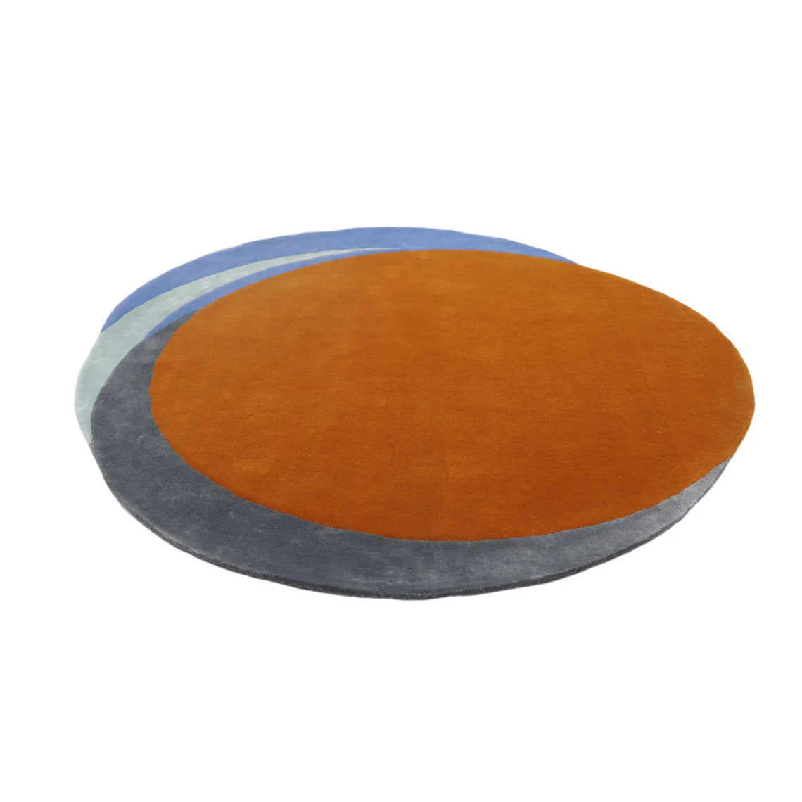Full top view of round rug with sun-inspired orange center.