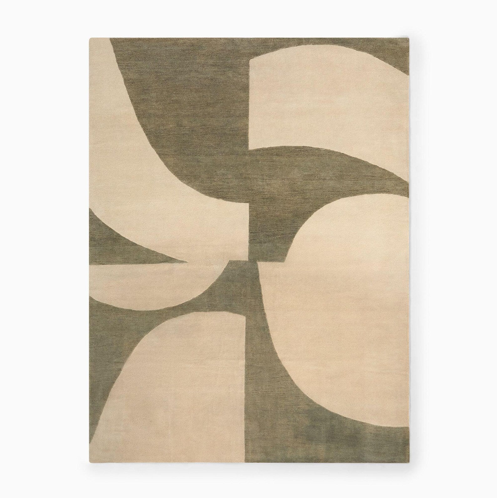 Full  angle view of Solara Rug showing complete golden-beige arc design.