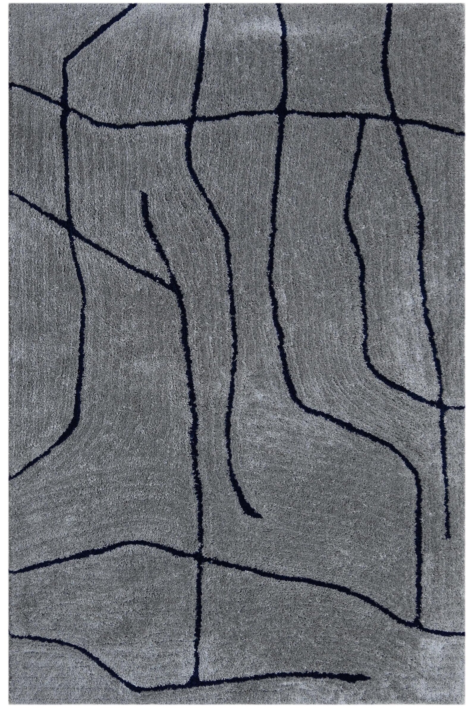 Studio full view of Abstract Line Art Grey Rug on white background showing complete abstract line pattern on a soft grey surface