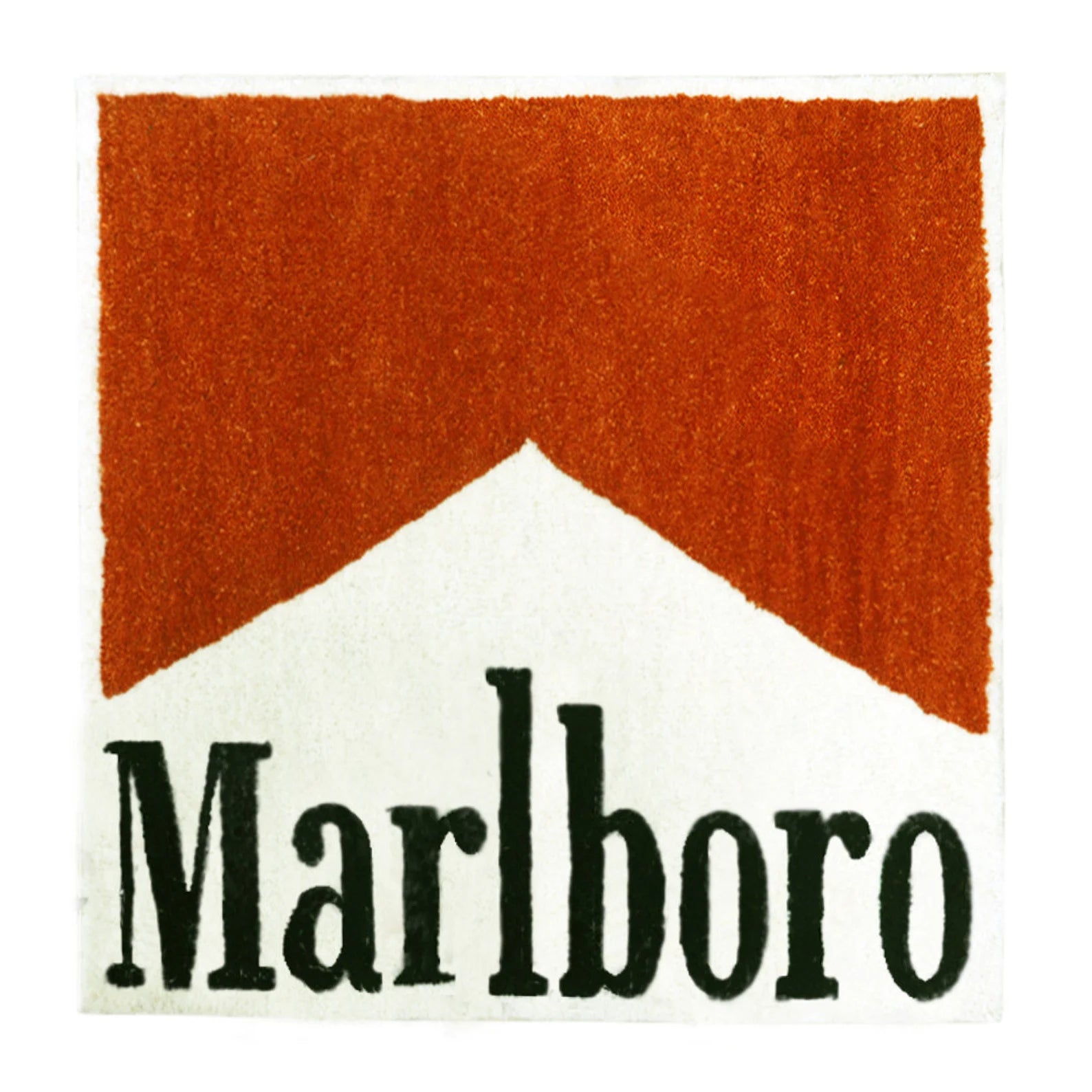 Studio full view of Marlboro Doormat photographed on white background showing red and white design with Marlboro text in bold black font