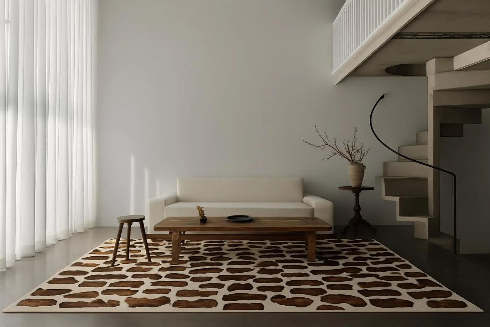 Modern Tribal hand tufted rug placed in a bright contemporary living room with brown tribal pattern complementing minimal decor and light flooring