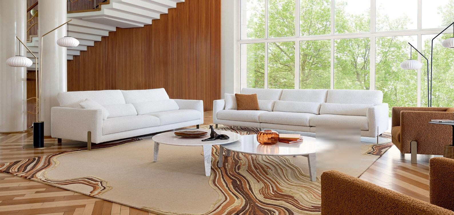 Terracotta Marble Swirl Rug styled in a modern living room with white sofas and natural light.